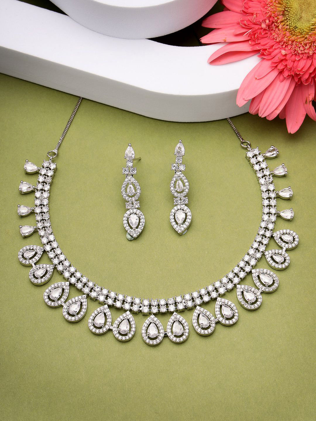 

ZENEME Rhodium-Plated Crystal American Diamond Grace Bloom Necklace With Earring Set, Silver
