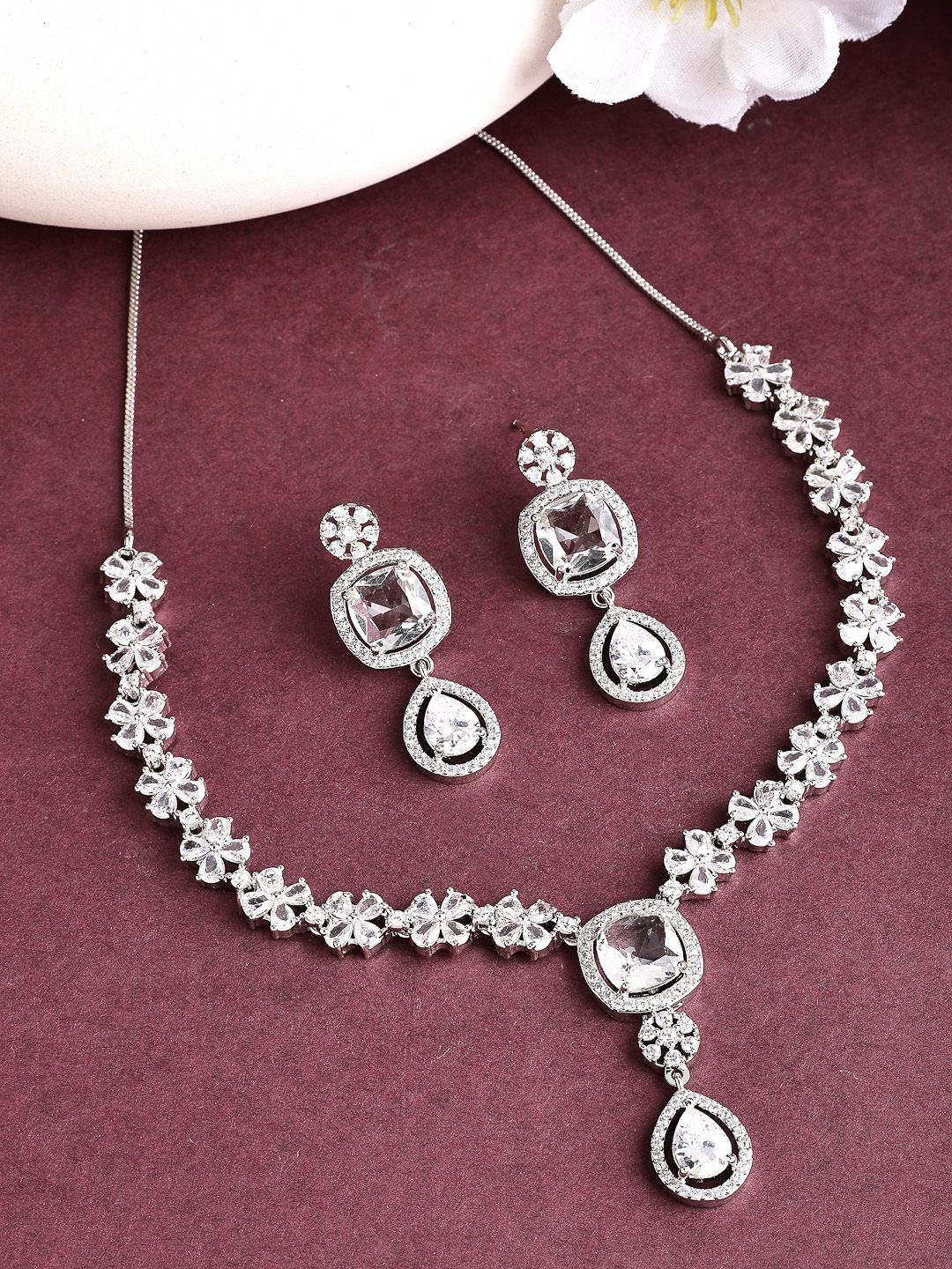 

ZENEME Rhodium-Plated Crystal American Diamond Fancy Stylish Necklace with Earrings, Silver