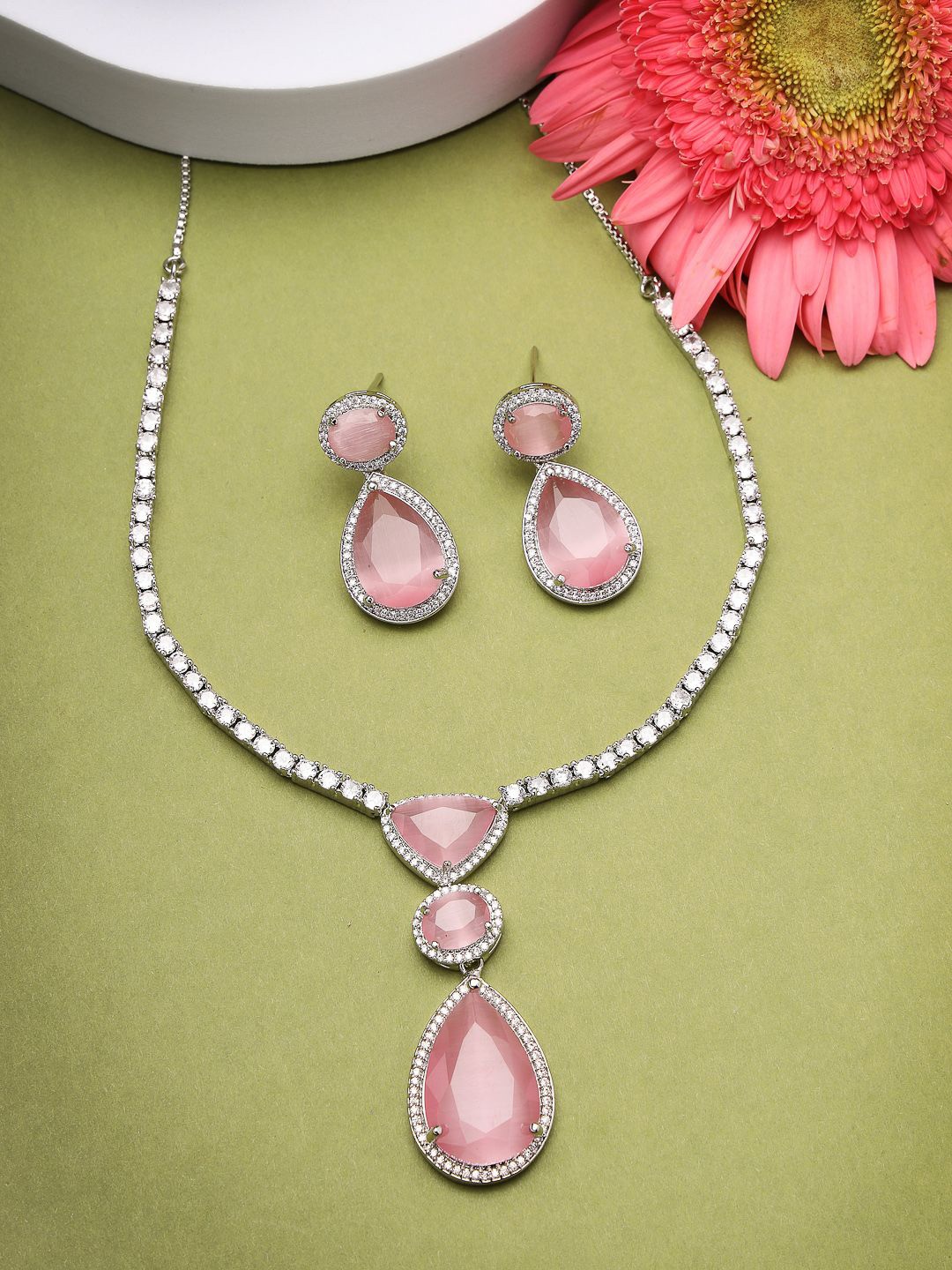 

ZENEME Rhodium-Plated Tear Drop Crystal Blooms Pink Stone Pendant & Earring Set, Silver