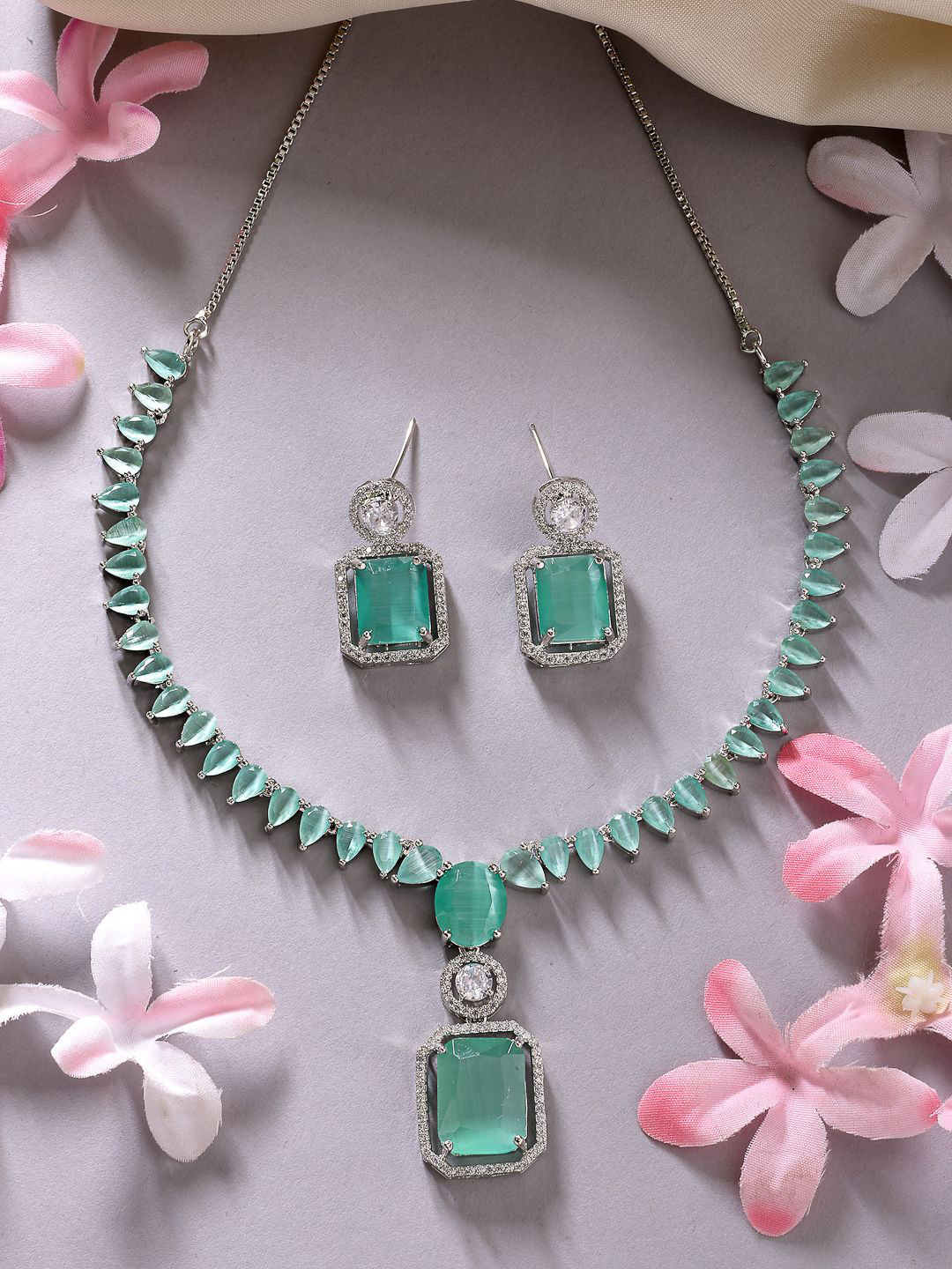 

ZENEME Rhodium-Plated Dew Drop Blossam Ocean Green Necklace & Earring Set, Silver