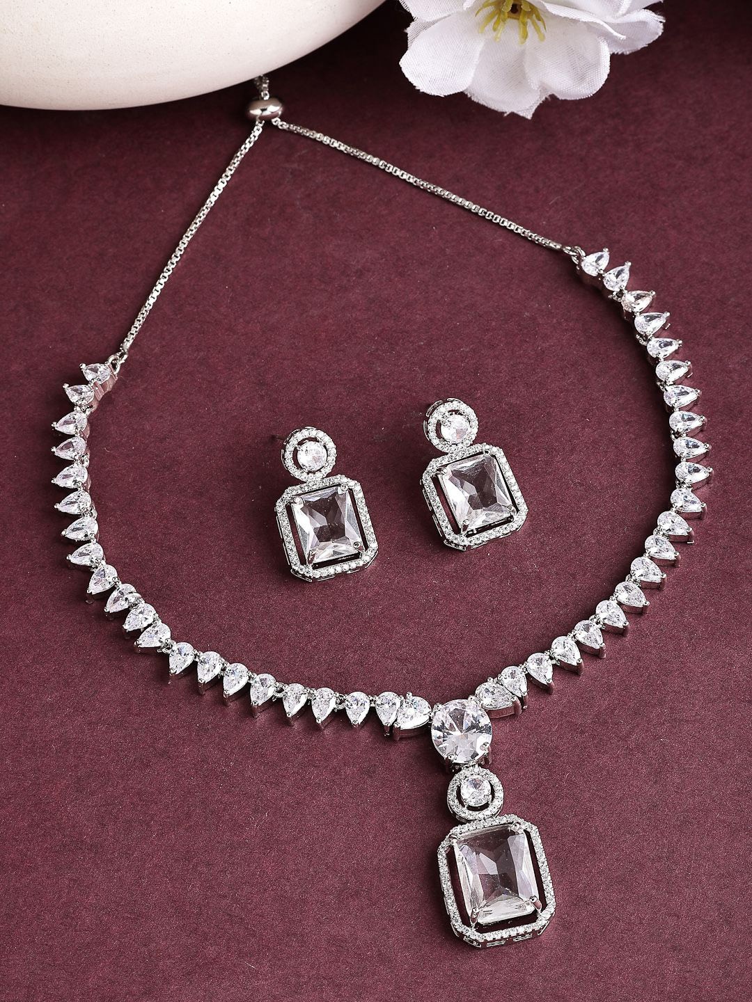 

ZENEME Rhodium-Plated Dew Drop White Blossam Necklace & Earring Jewellery Set, Silver