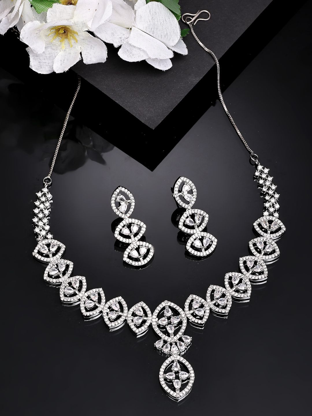 

ZENEMERhodium-Plated Crystal Studded Floral American Diamond Necklace With Earring Set, Silver