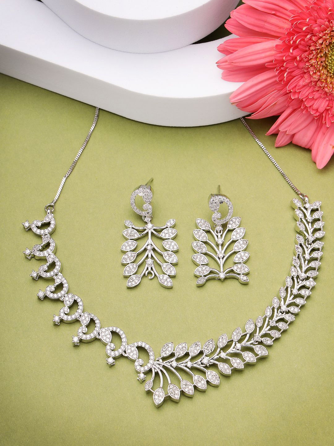 

ZENEME Rhodium-Plated CZ Crytal Studded Exquisite Silver Necklace With Earring Set