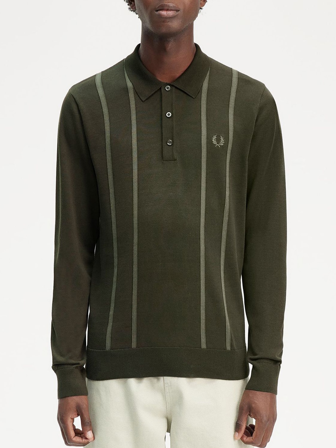 

Fred Perry Men Striped Shirt Collar Cotton Ribbed Sweatshirt, Olive