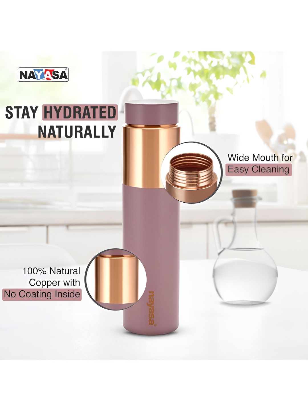 

Nayasa Tower DLX Pink Leak-Proof & Durable Premium Copper Bottle -1L