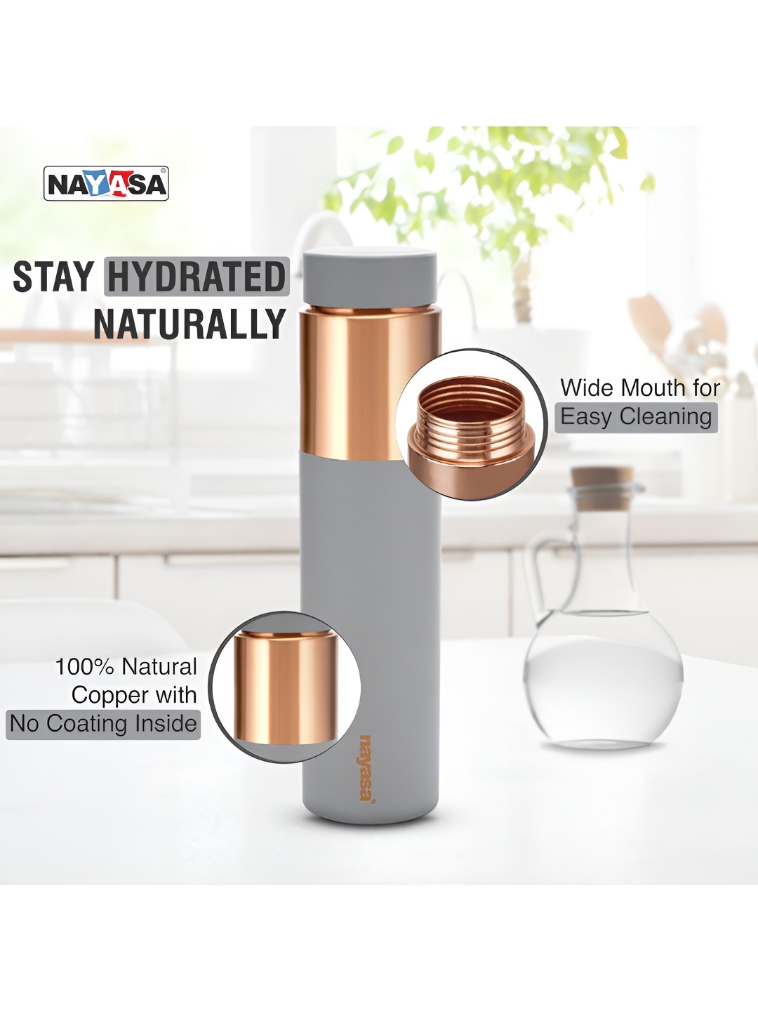 

Nayasa Tower DLX Grey Leak Proof & Durable, Premium Copper Bottle -1000 ML