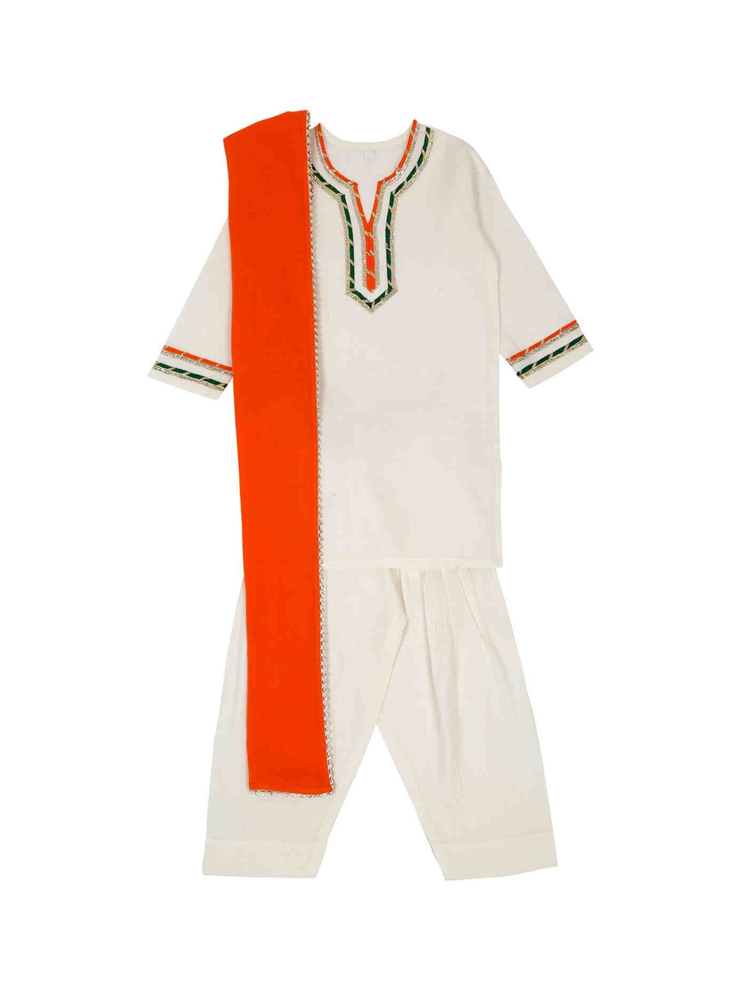 

LITTLE GINNIE Girls Yoke Design Notch Neck Gotta Patti Pure Cotton Kurta Set, White