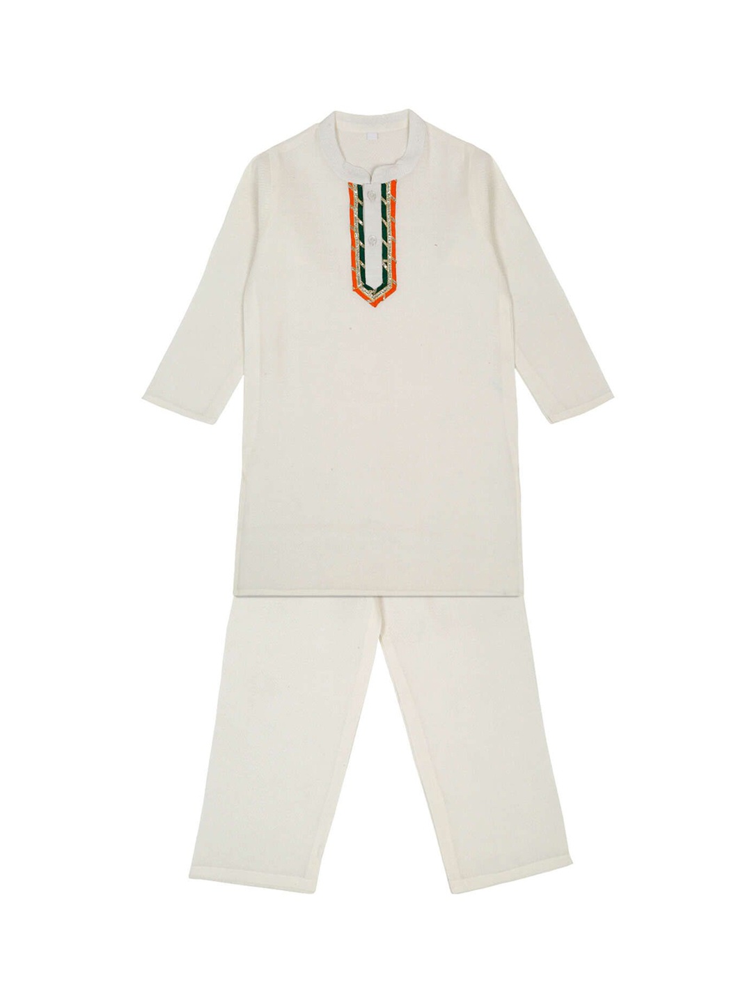 

LITTLE GINNIE Boys Yoke Design Mandarin Collar Gotta Patti Pure Cotton Kurta with Trouser, White