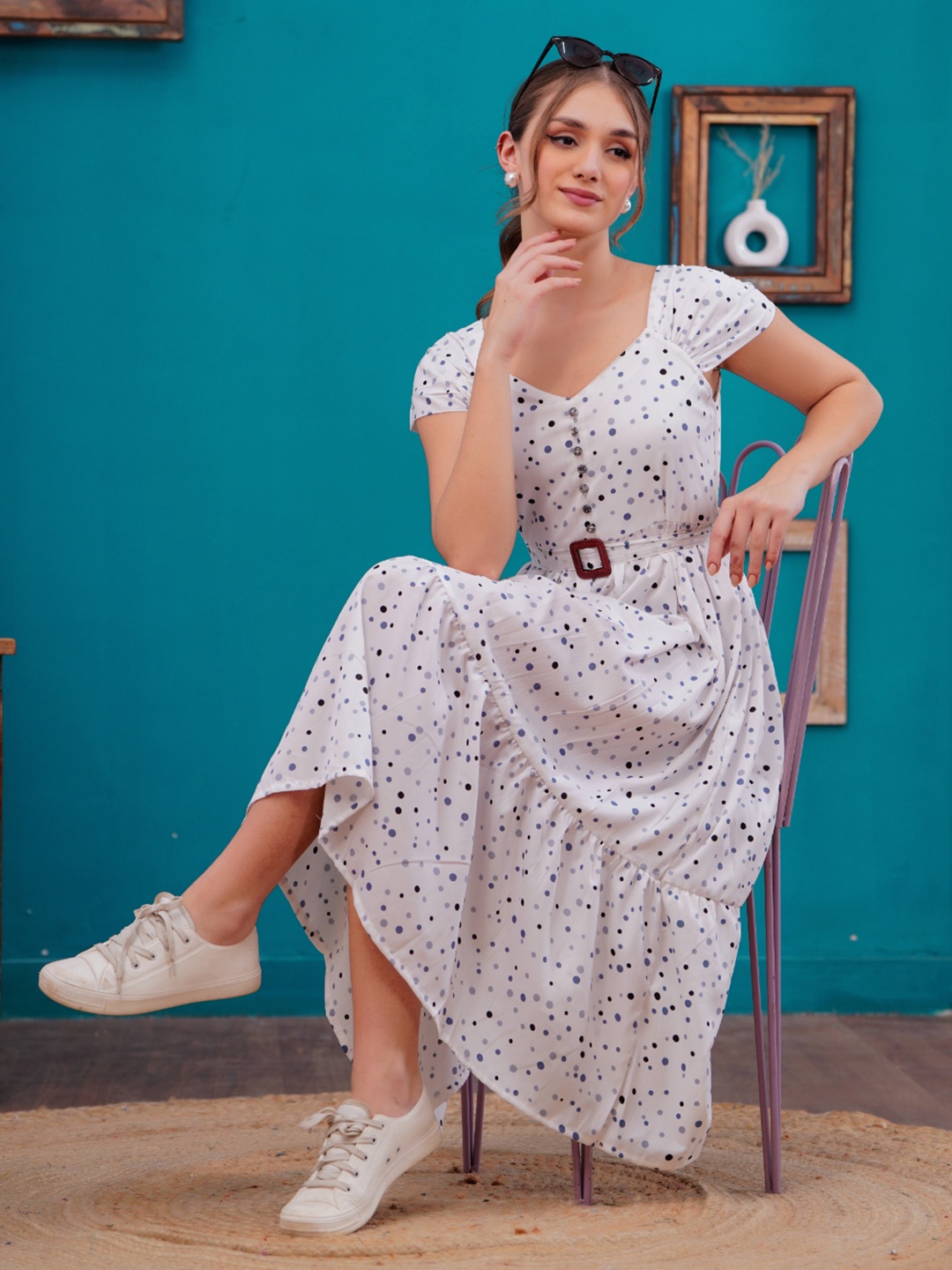 

KALINI Women Floral Crepe Fit & Flare Midi Dress, Navy blue