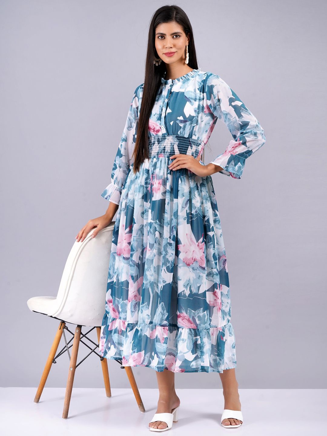 

KALINI Women Floral Printed Fit & Flare Midi Dress, Teal
