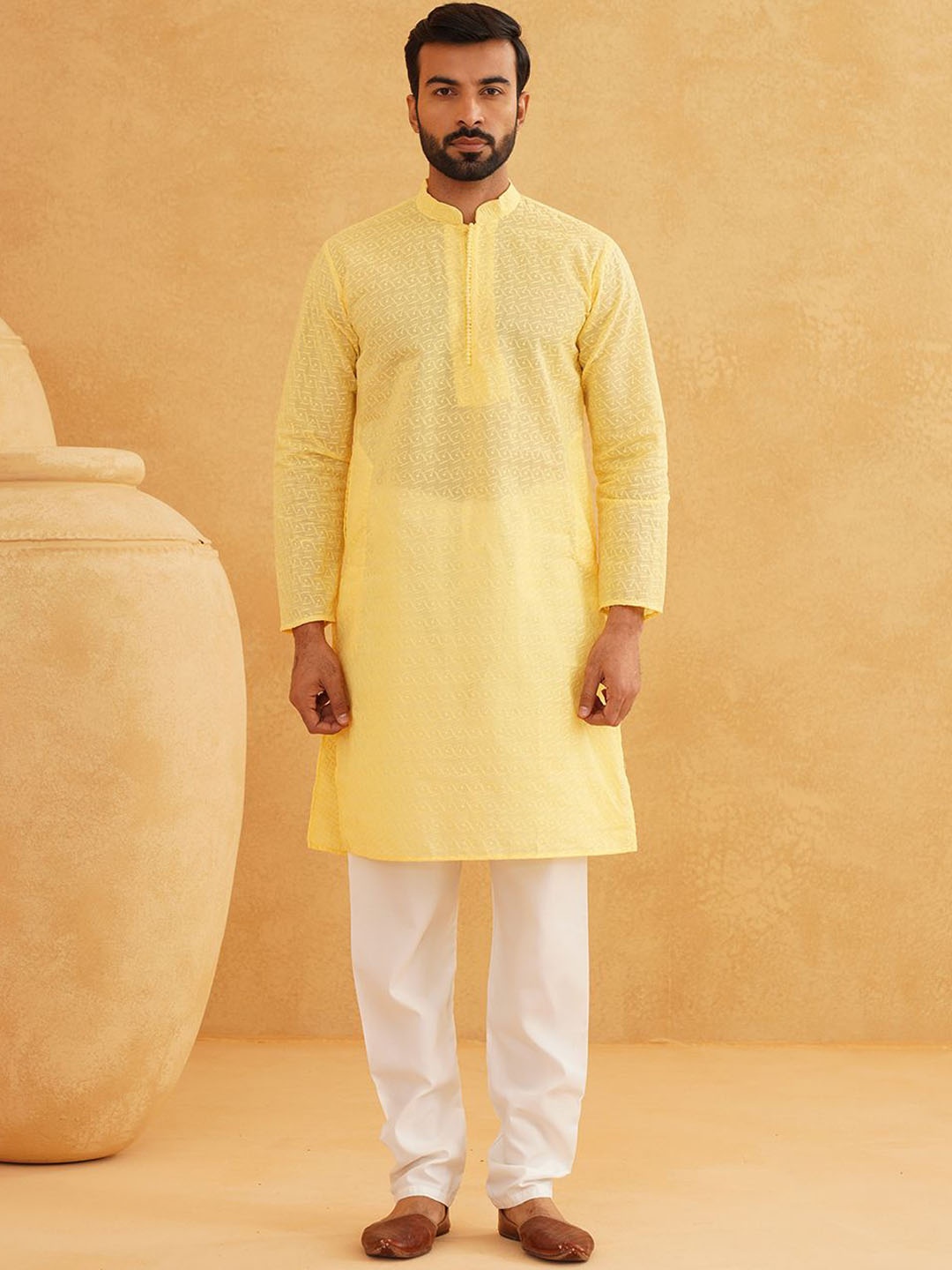 

SOJANYA Geometric Embroidered Mandarin Collar Thread Work Pure Cotton Kurta With Churidar, Yellow