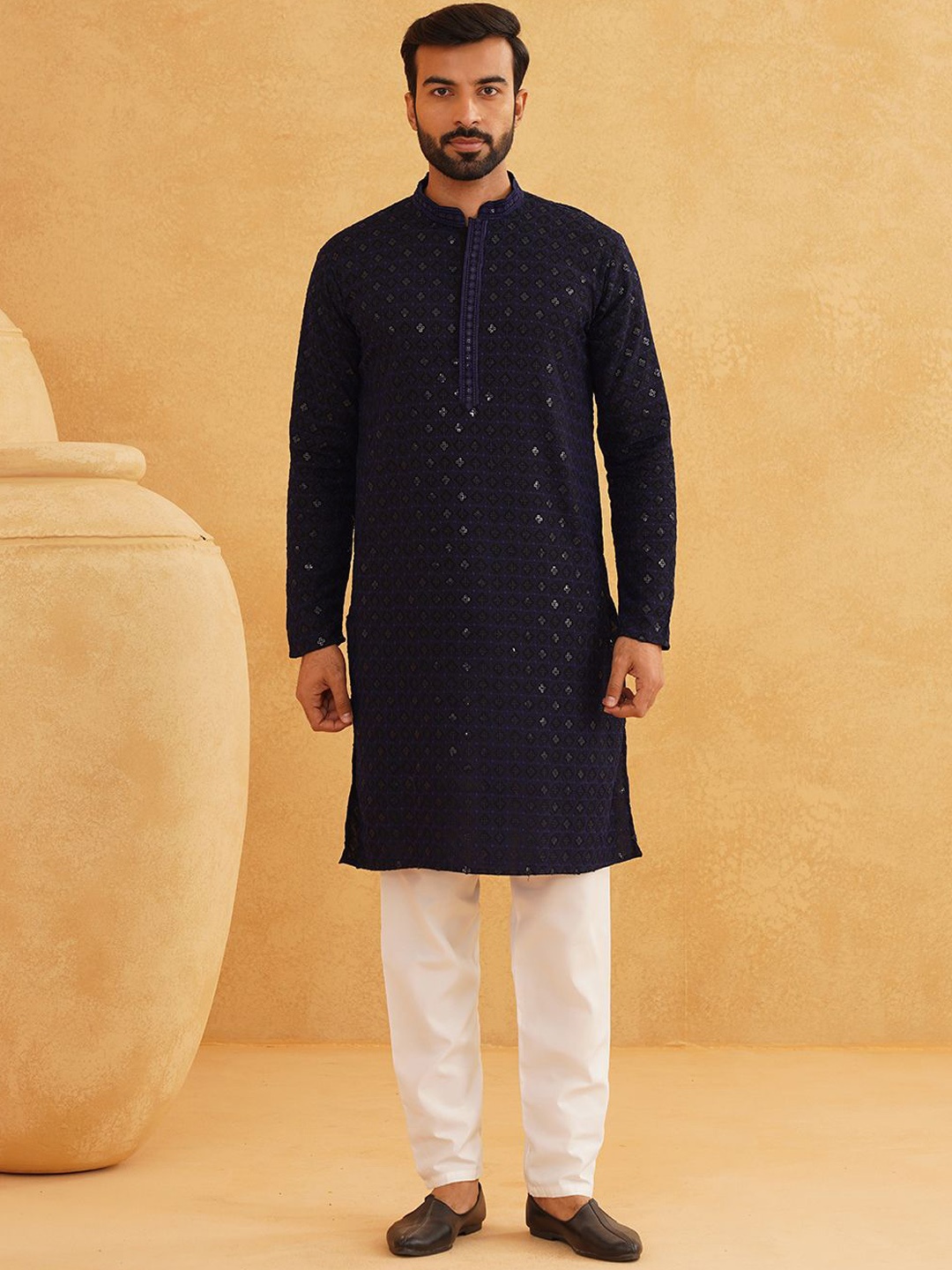 

SOJANYA Geometric Embroidered Mandarin Collar Sequinned Pure Cotton Kurta with Churidar, Navy blue