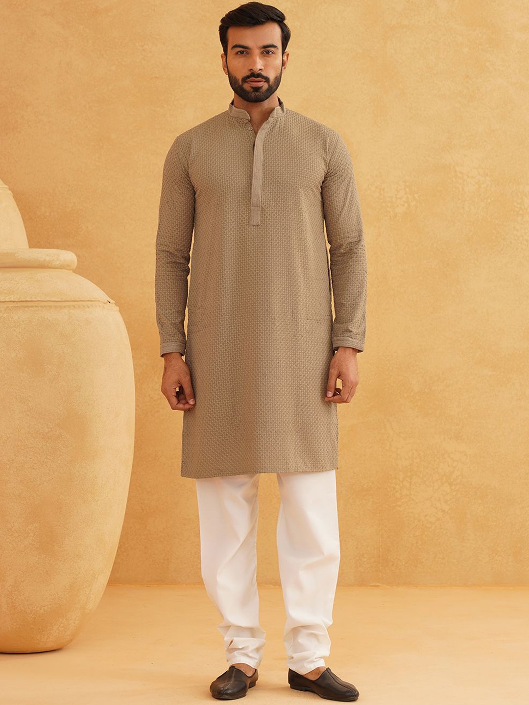 

SOJANYA Floral Embroidered Mandarin Collar Thread Work Pure Cotton Kurta with Churidar, Coffee brown