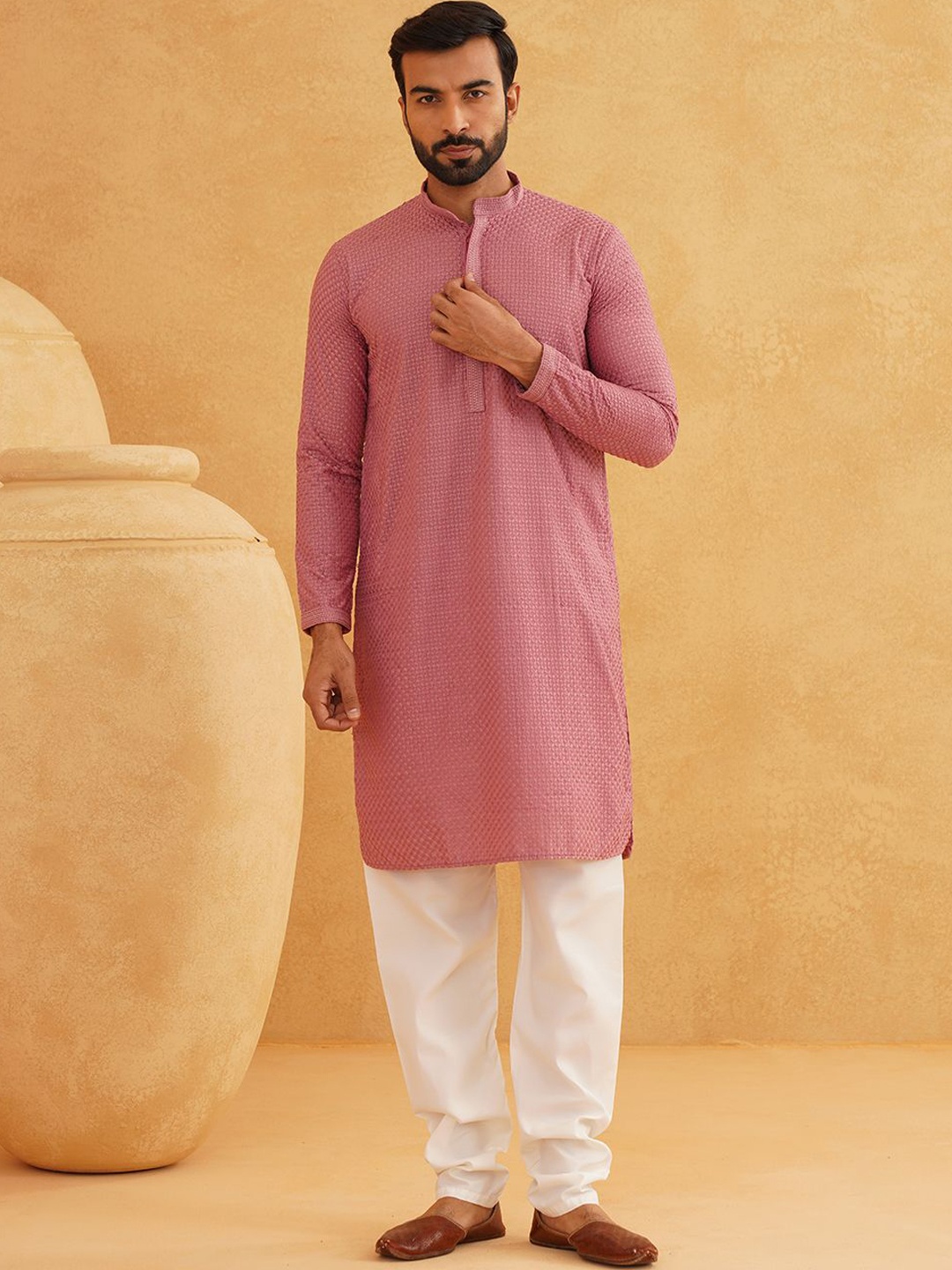 

SOJANYA Floral Embroidered Mandarin Collar Thread Work Pure Cotton Kurta with Churidar, Coral