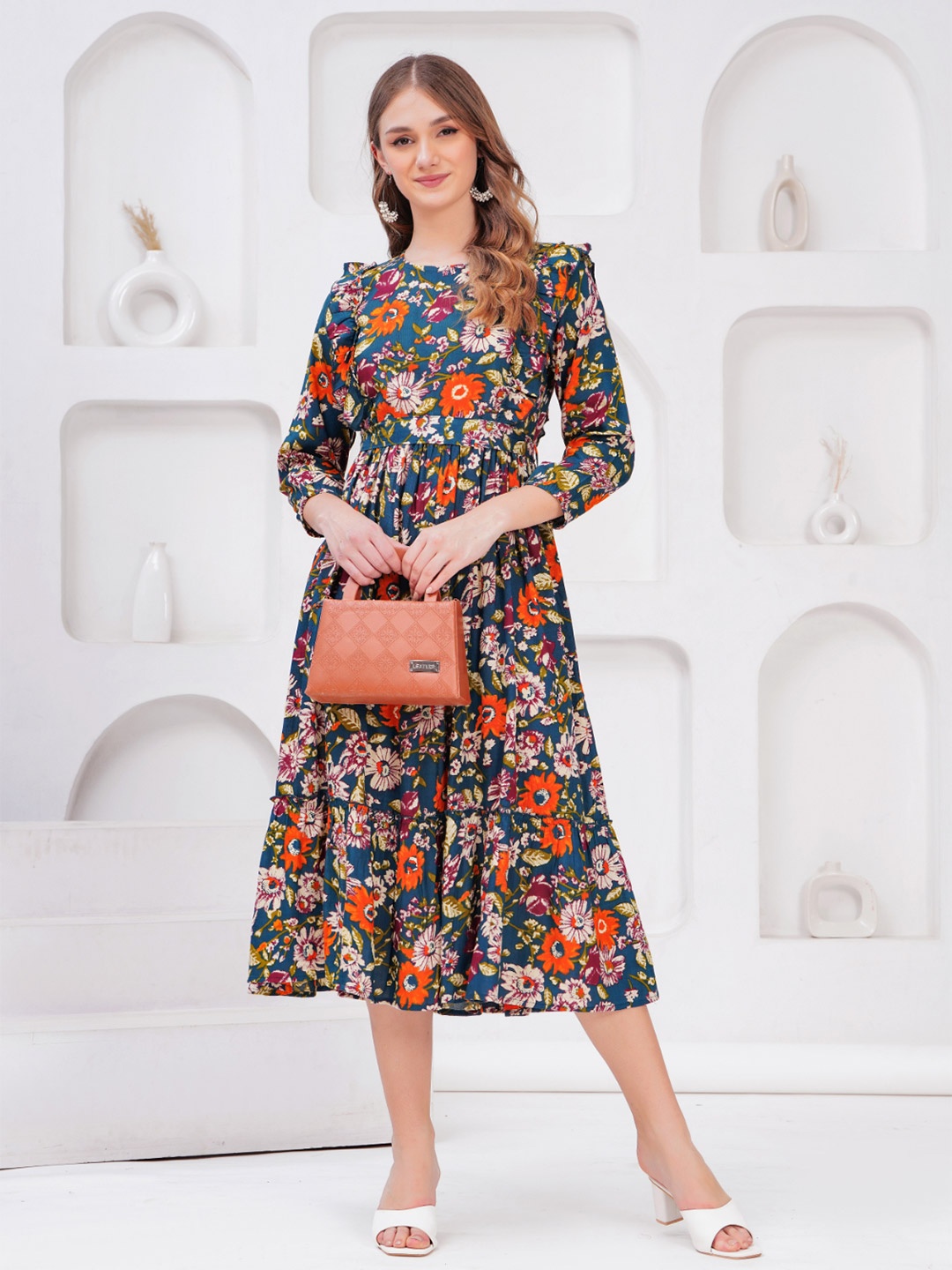 

JC4U Women Floral Bishop Sleeve Fit & Flare Midi Dress, Turquoise blue