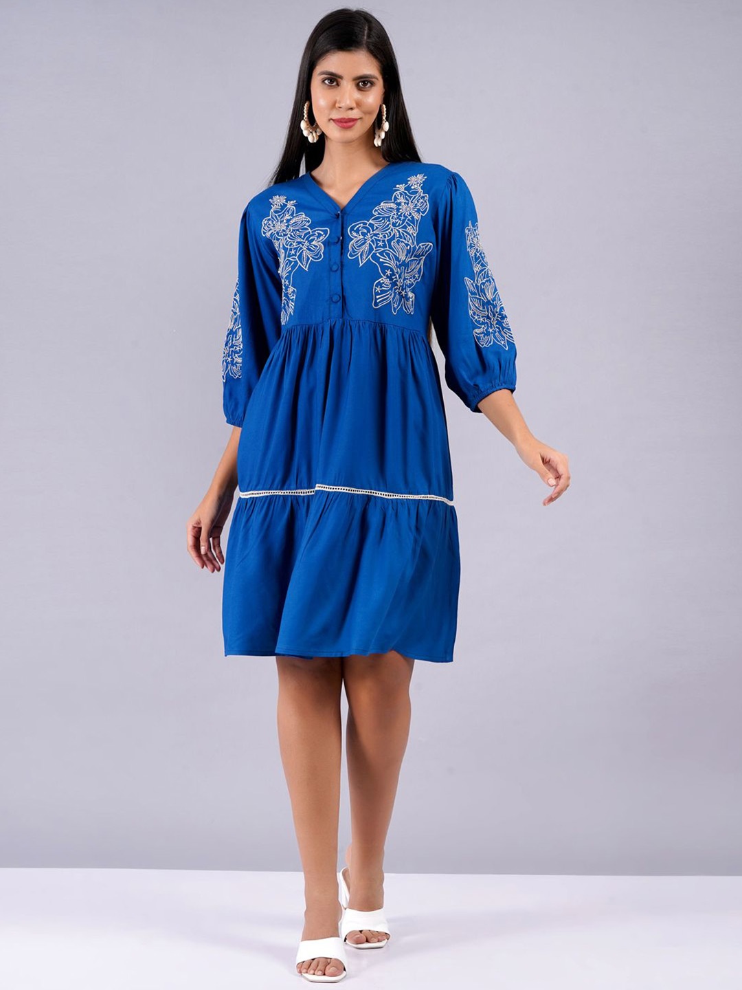 

JC4U Women Floral Embroidered Fit & Flare Midi Dress, Blue