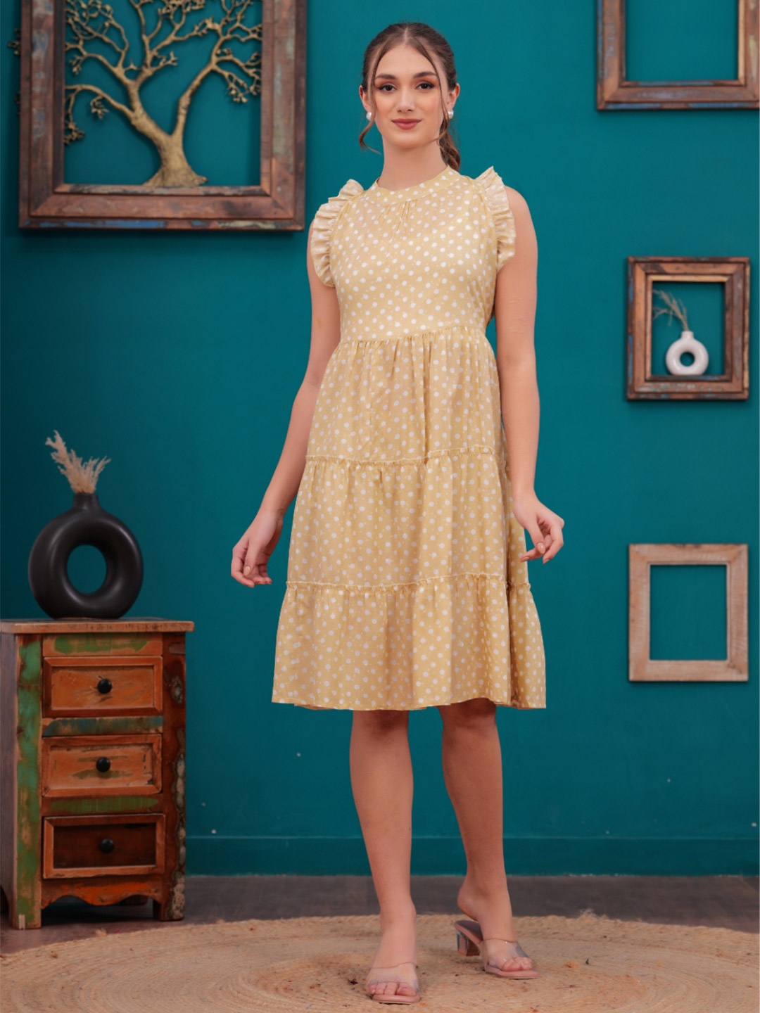 

JC4U Women Halter Neck Flutter Sleeve Fit & Flare Midi Dress, Yellow