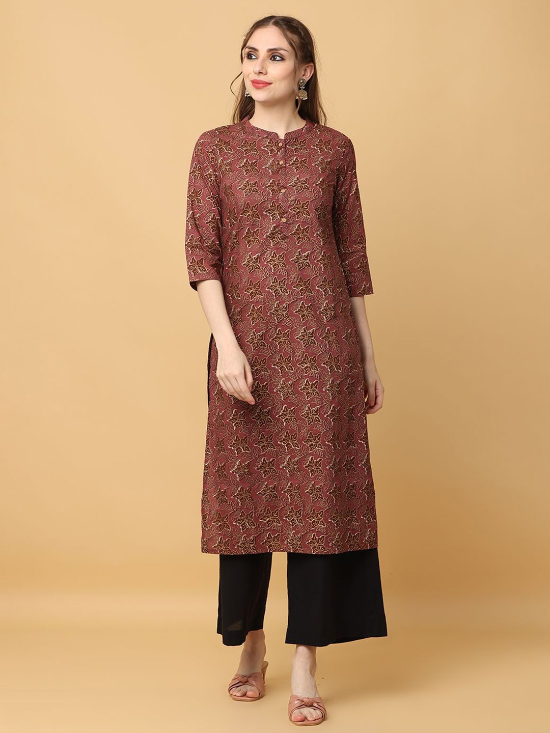 

KALINI Women Floral Printed Mandarin Collar Pure Cotton Straight Kurta, Maroon