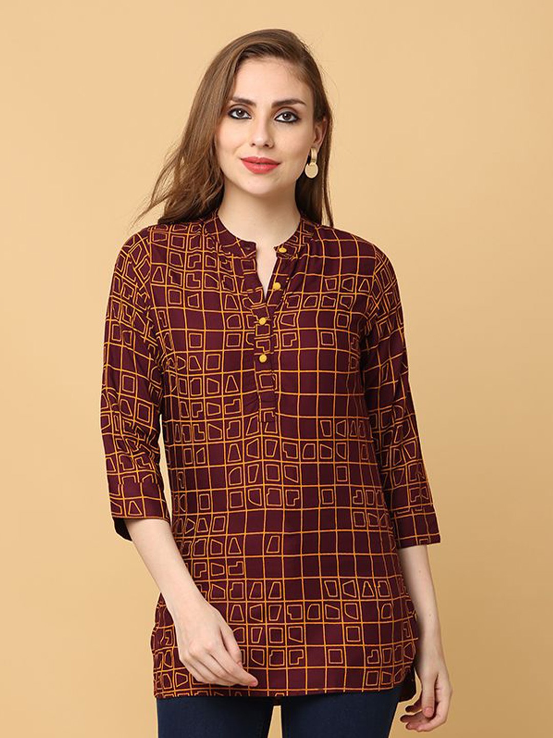 

KALINI Women Printed Shirt Collar Pure Cotton Kurti, Maroon