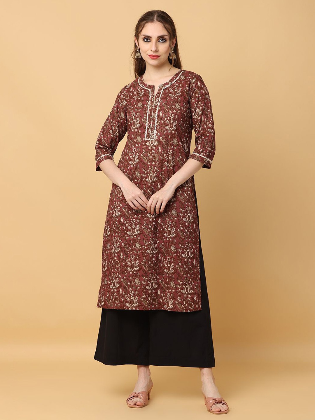

KALINI Floral Printed Notch Neck Pure Cotton Straight Kurta, Red