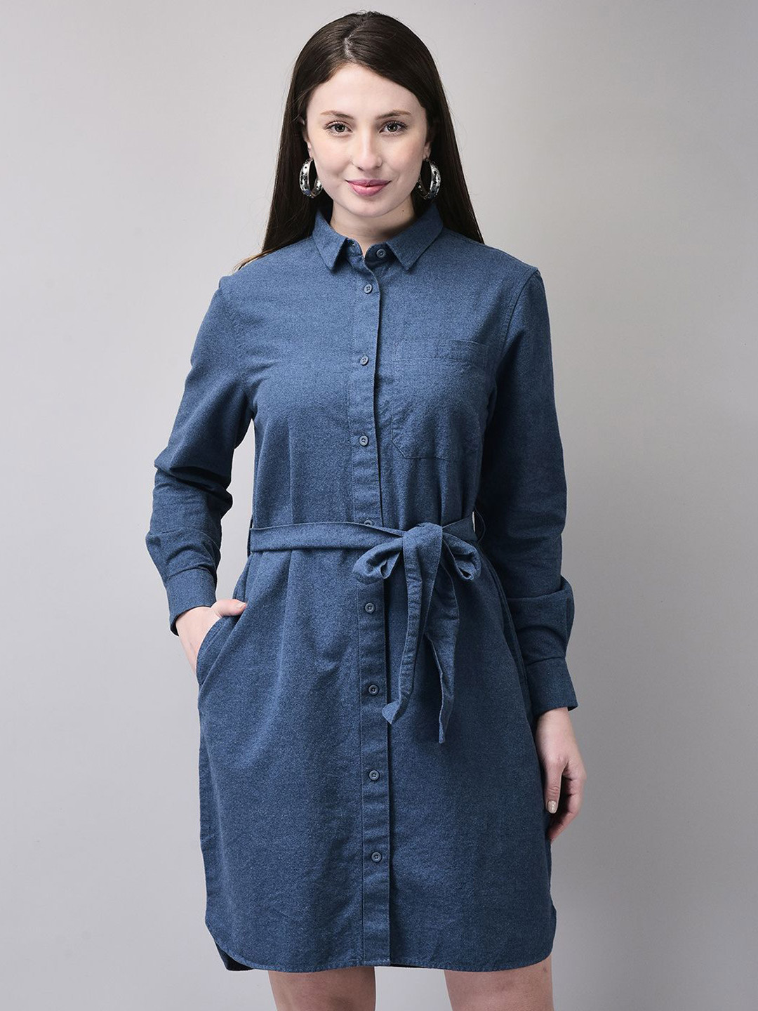 

Woods Women Shirt Collar Denim Shirt Dress, Blue