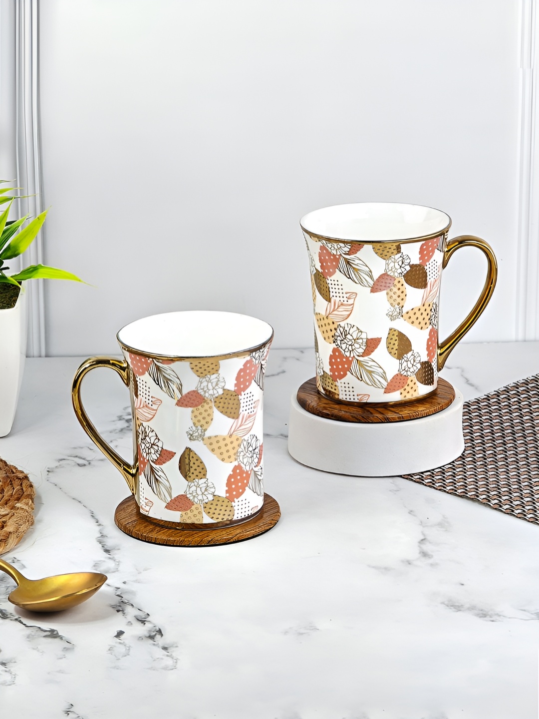 

UPC Gold-Toned & Brown 2 Pieces Floral Printed Ceramic Glossy Cups 280 ml each