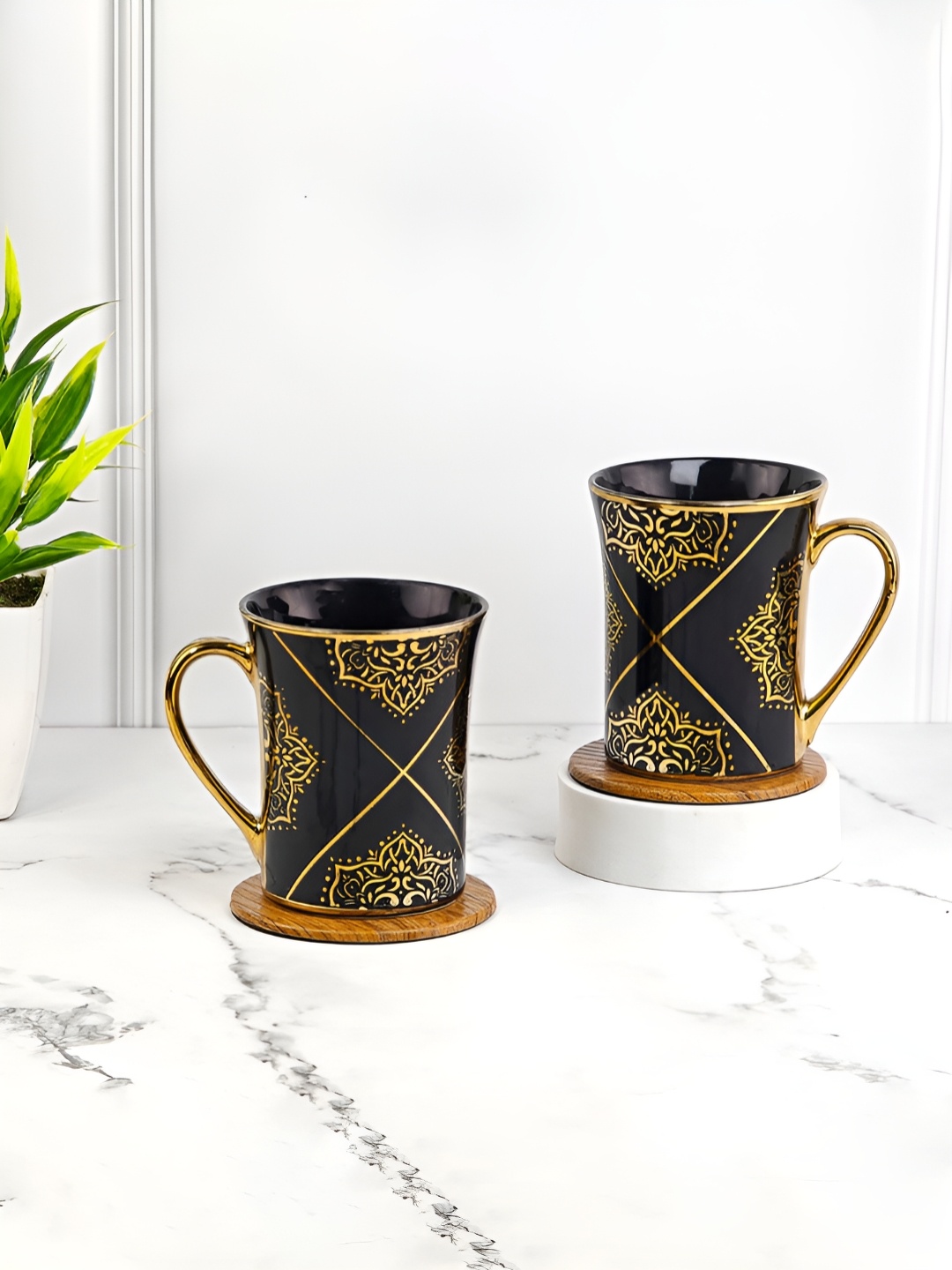 

UPC Black & Gold-Toned 2 Pcs Ethnic Motifs Printed Ceramic Glossy Cups 280 ml each