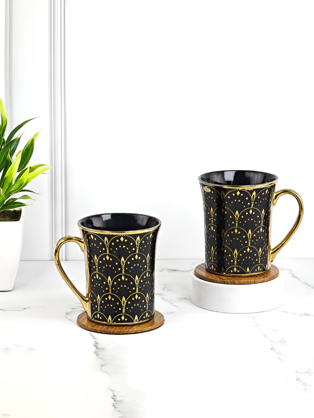 

UPC Black & Yellow 2 Pcs Geometric Printed Ceramic Glossy Cups 280 ml each