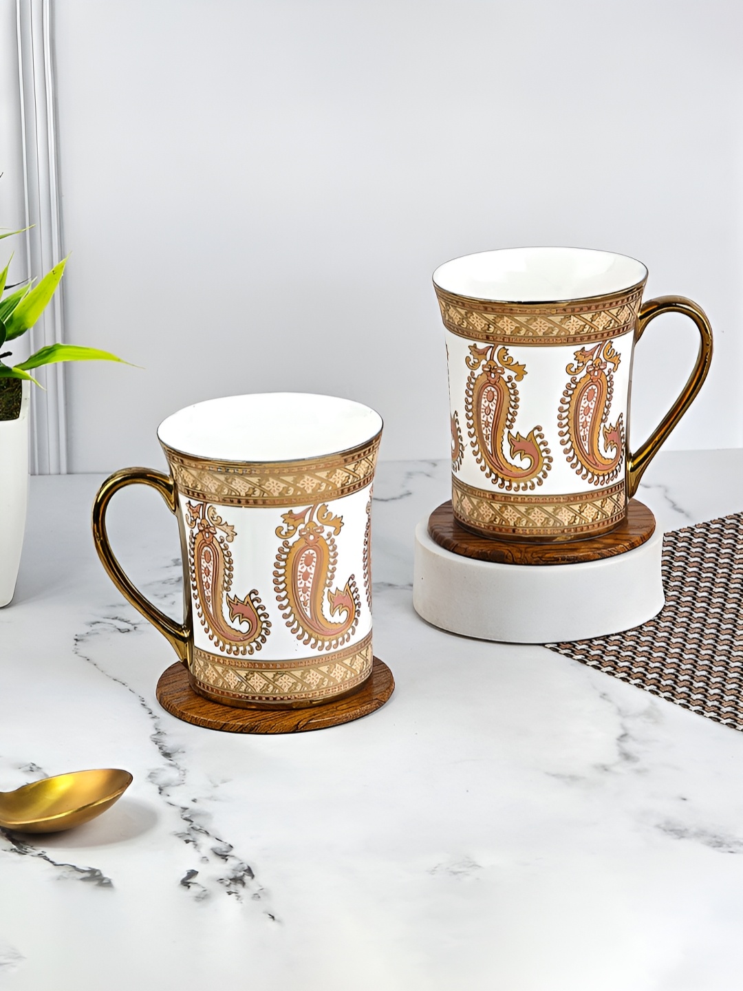 

UPC Gold-Toned & Brown 2 Pcs Paisley Printed Ceramic Glossy Cups 280 ml each