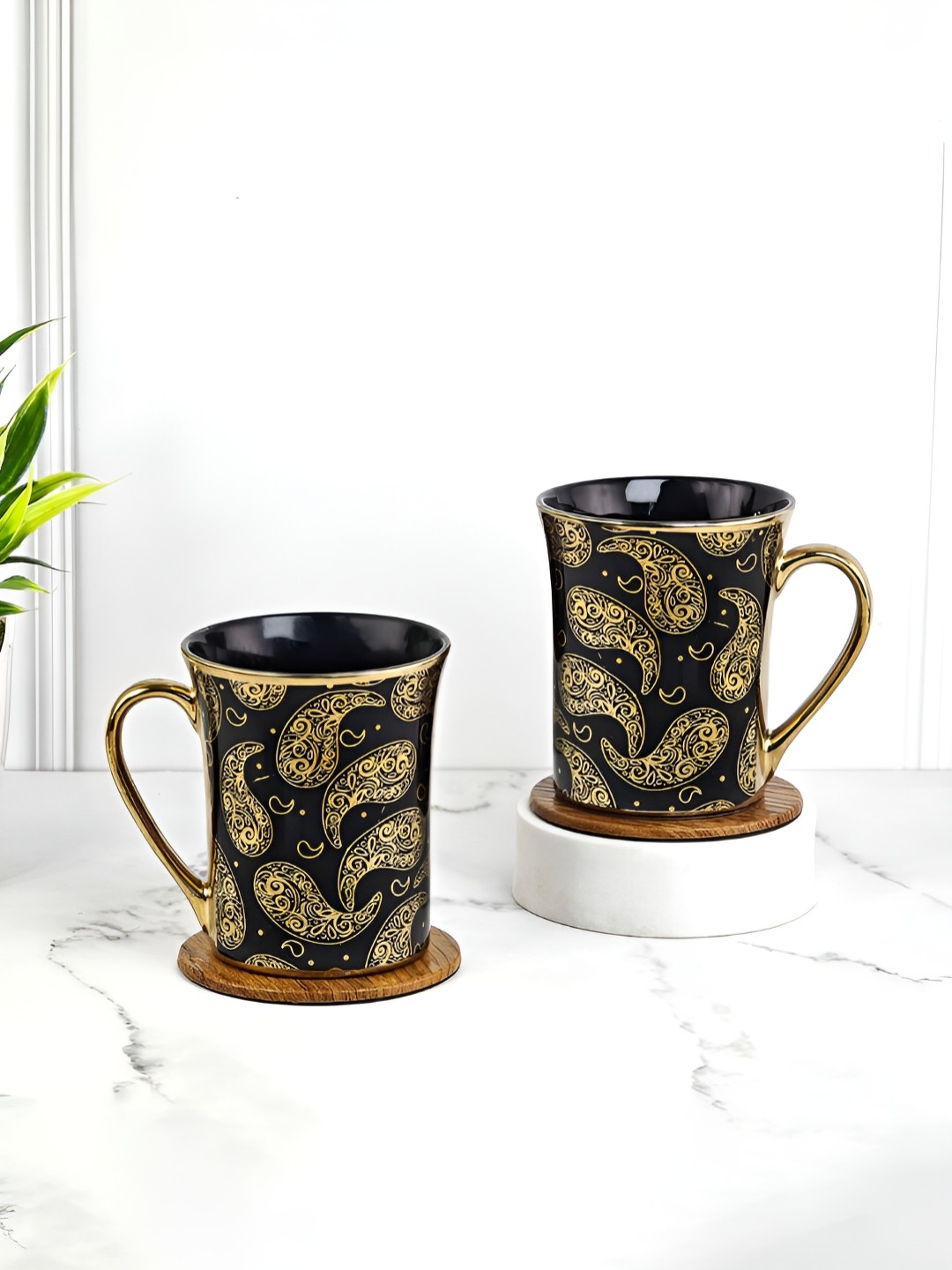 

UPC Black & Cream-Coloured 2 Pcs Paisley Printed Ceramic Glossy Cups 280 ml each