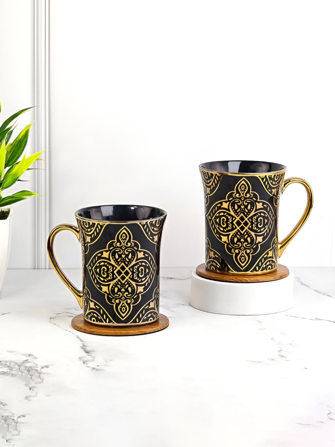 

UPC Black & Gold-Toned 2 Pieces Ethnic Motifs Printed Ceramic Glossy Cups
