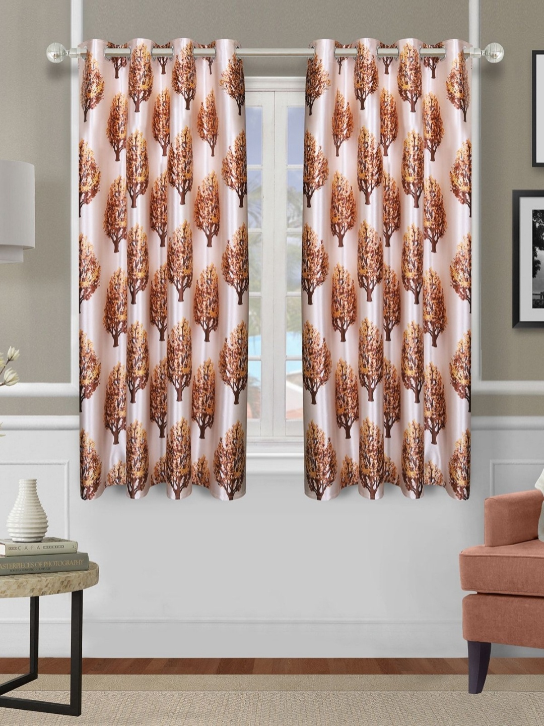 

Aura Beige & White 2 Pieces Floral Room Darkening Window Curtains