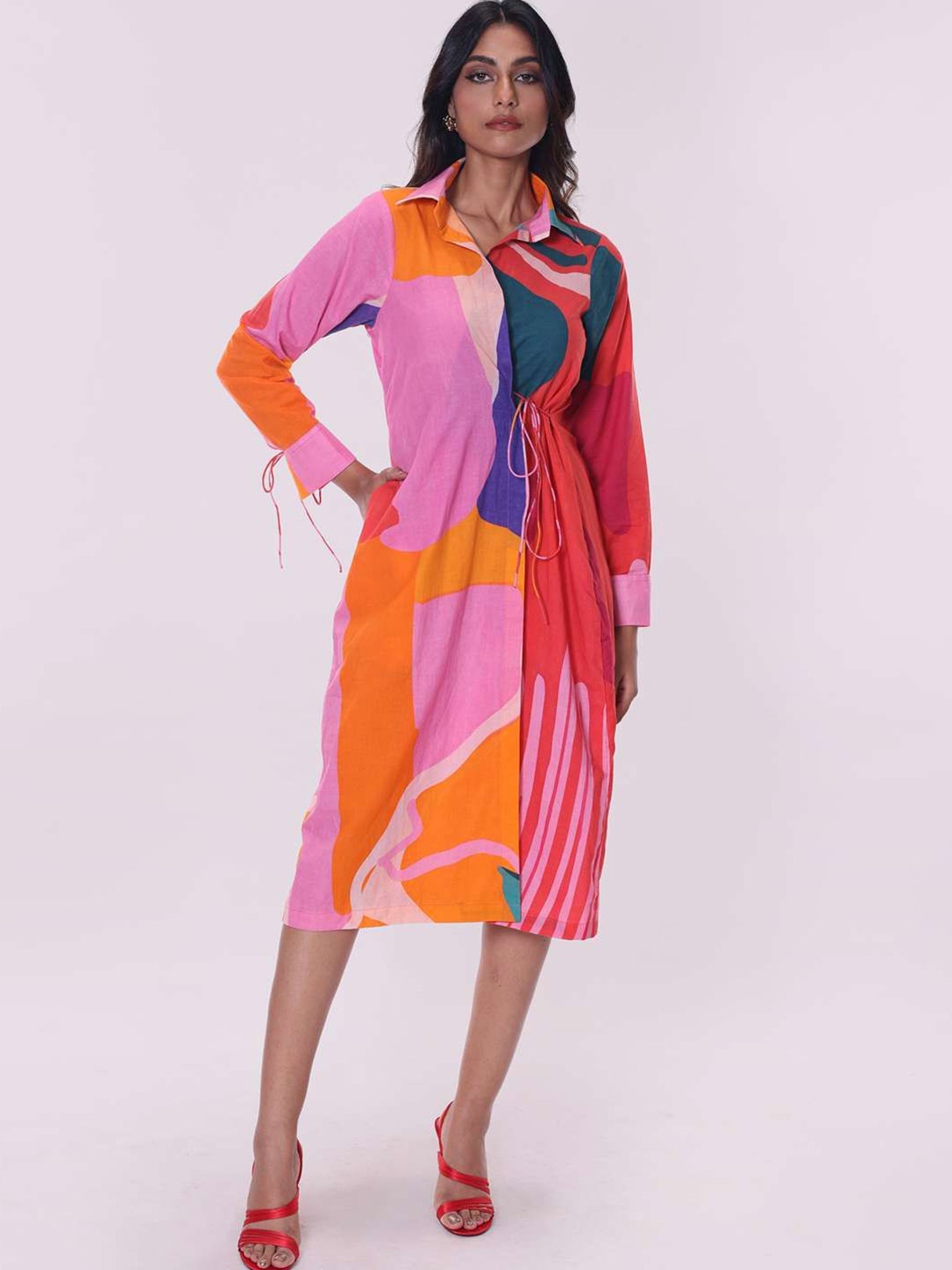 

POPPI Women Splash Printed Cotton Wrap Shirt Dress, Pink
