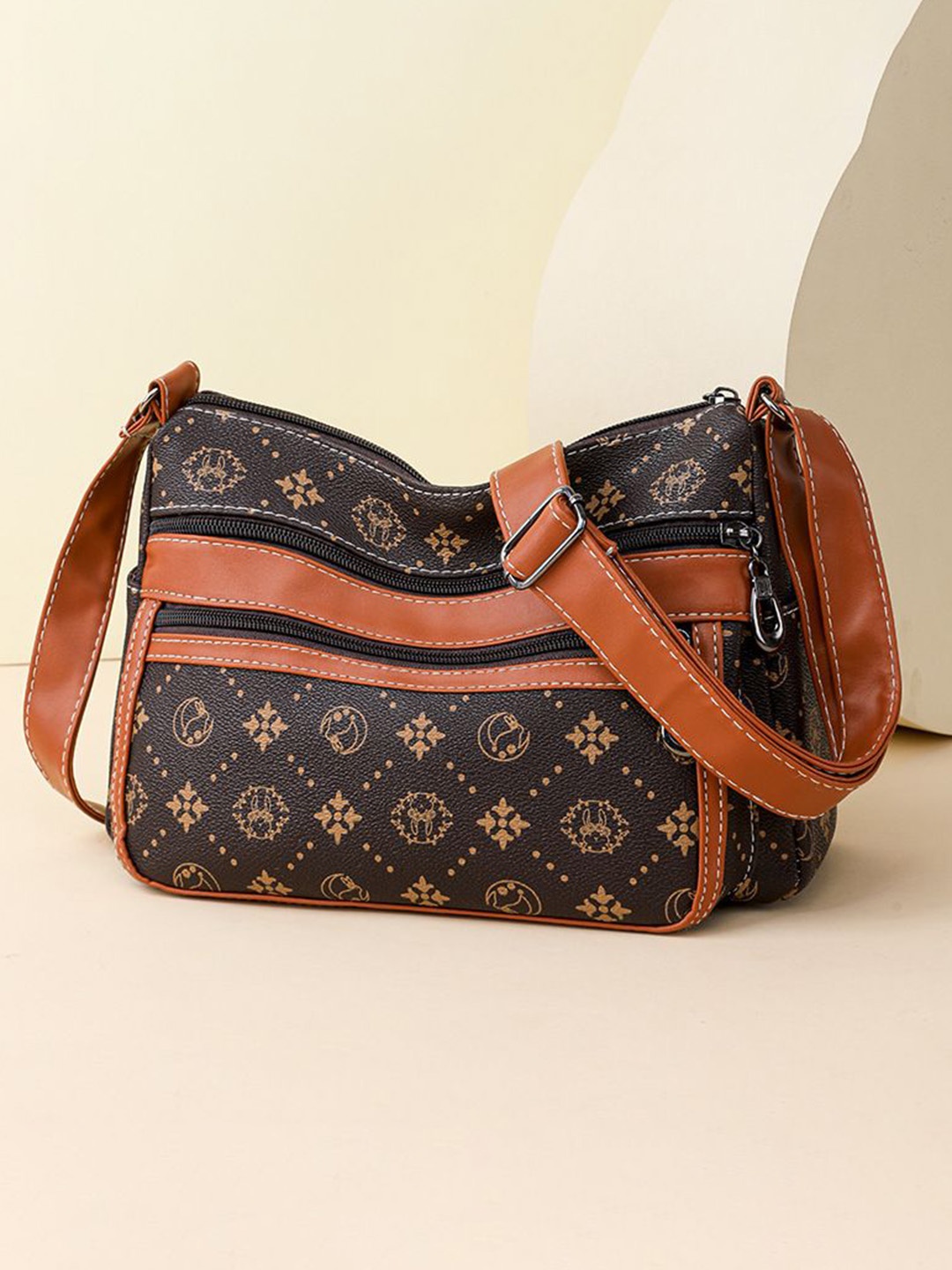 

Diva Dale Women Floral Printed Structured Sling Bag, Brown