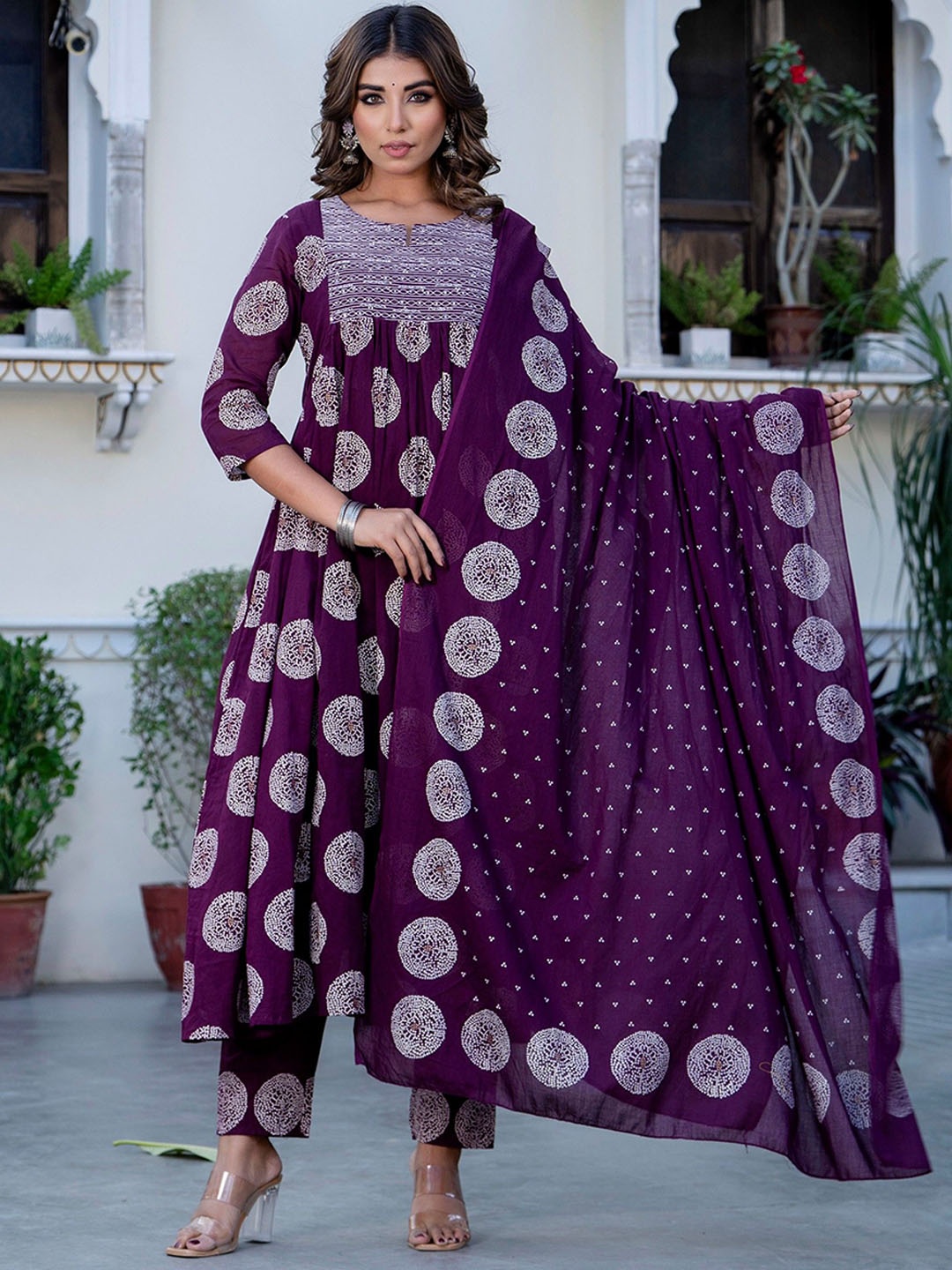 

RAABA Bandhani Printed Notch Neck Thread Work Pure Cotton Anarkali Kurta Set, Purple