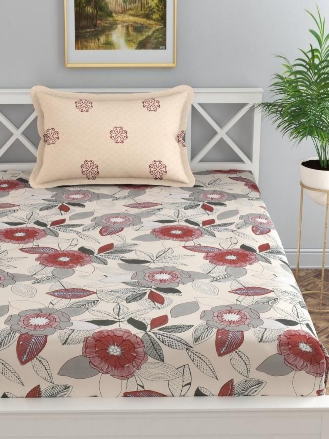 

Florida Cream-Coloured Floral Printed 200TC Microfiber Single Bedsheet Set 1.55 m x 2.28 m