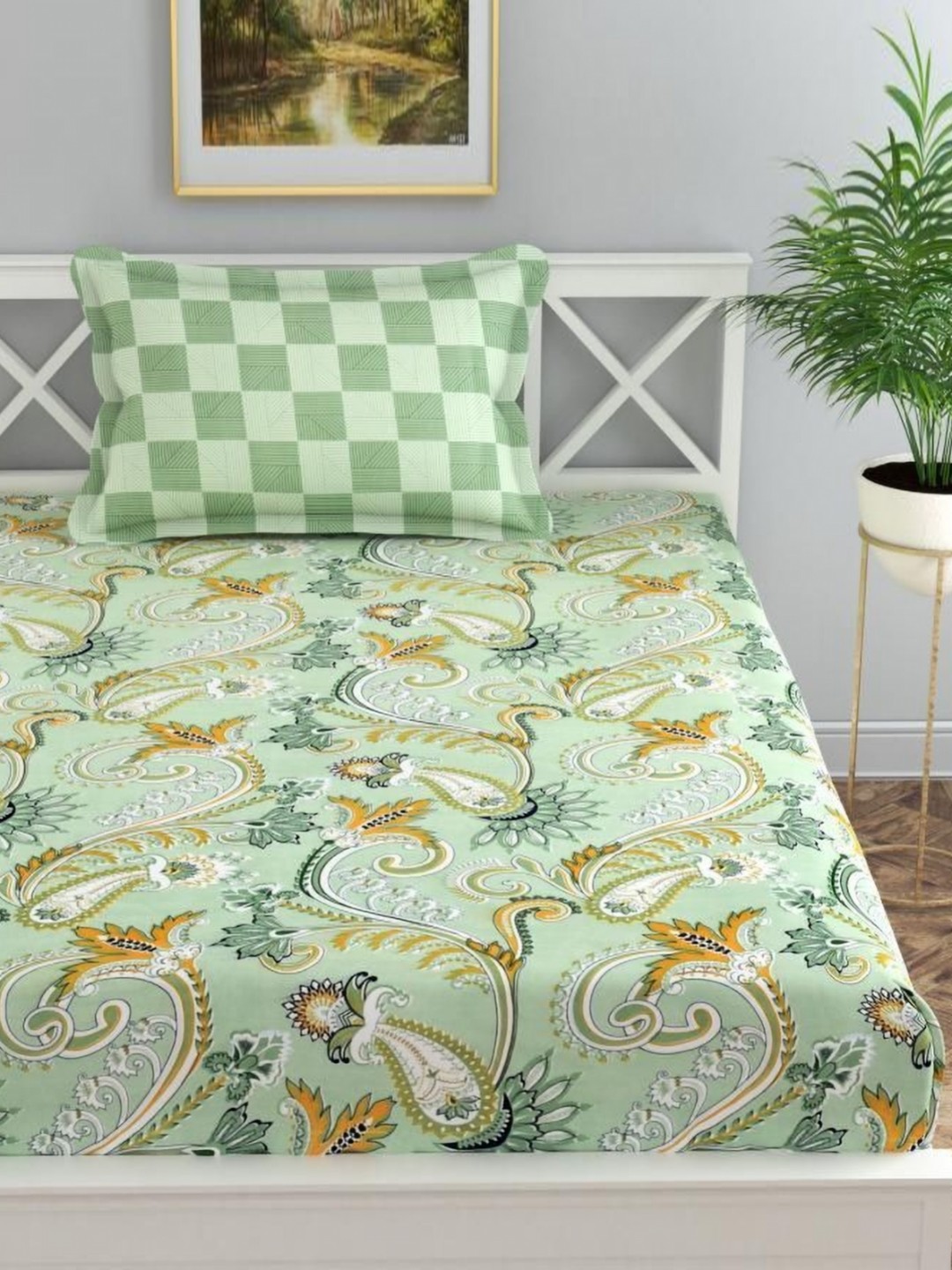

Florida Green Ethnic Motifs 200 TC Microfiber Single Bedsheet Set 1.55 m x 2.28