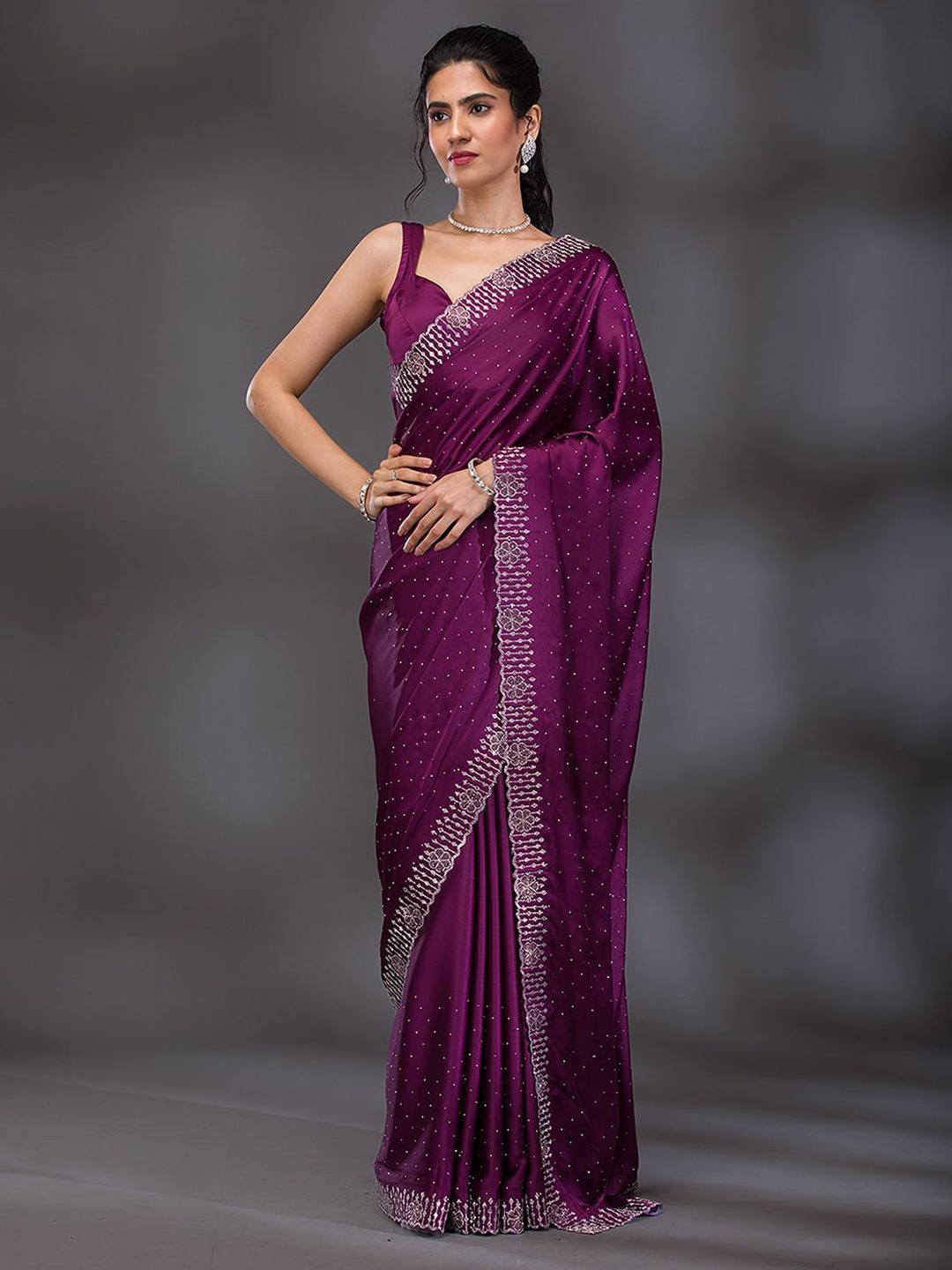 

Trendmalls Embellished Beads and Stones Saree, Purple