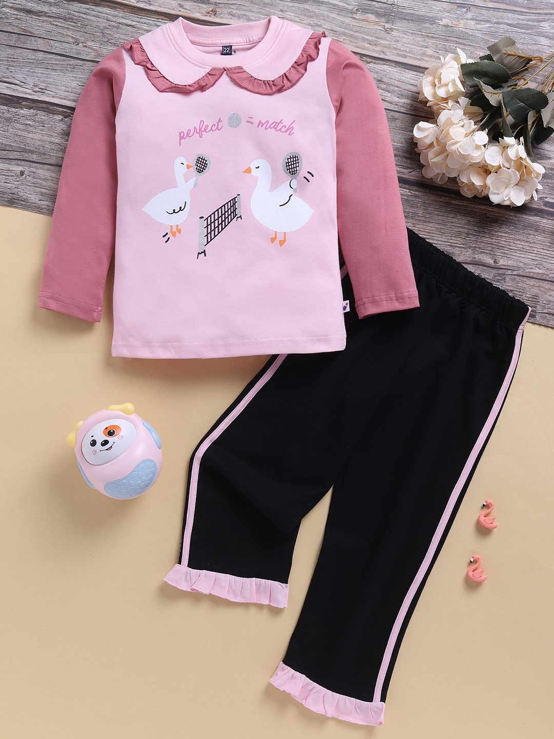 

Toonyport Girls Printed Peter Pan Collar Long Sleeves Top With Trouser, Pink