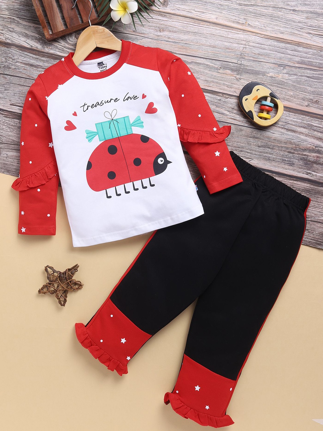 

Toonyport Girls Printed Round Neck Long Sleeves Top With Trouser, Red