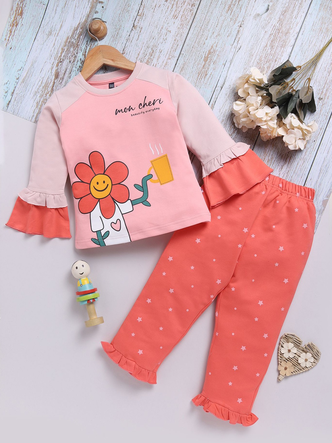 

Toonyport Girls Printed Round Neck Long Sleeves Top With Trouser, Orange