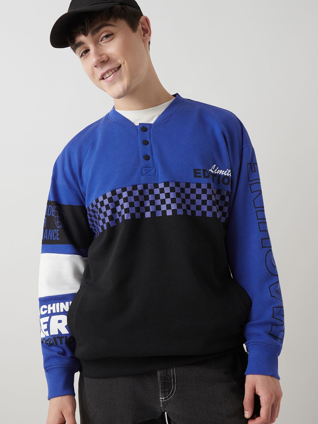 

Bewakoof Heavy Duty 1.0 Merchandise Men Colourblocked Oversized Plus Size Sweatshirt, Blue