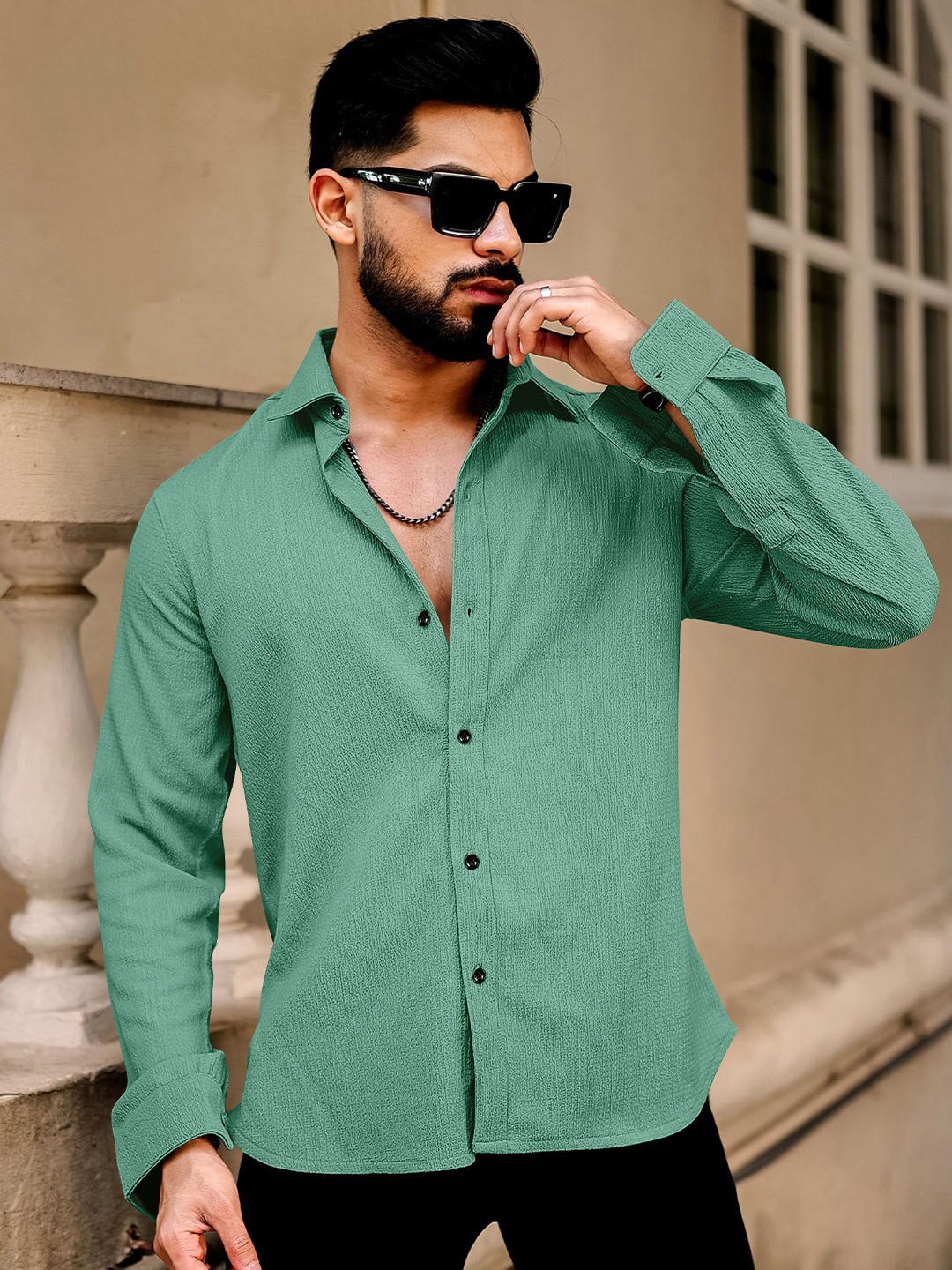 

KHUSHI CREATION Self Design Slim Fit Popcorn Texture Casual Shirt, Sea green