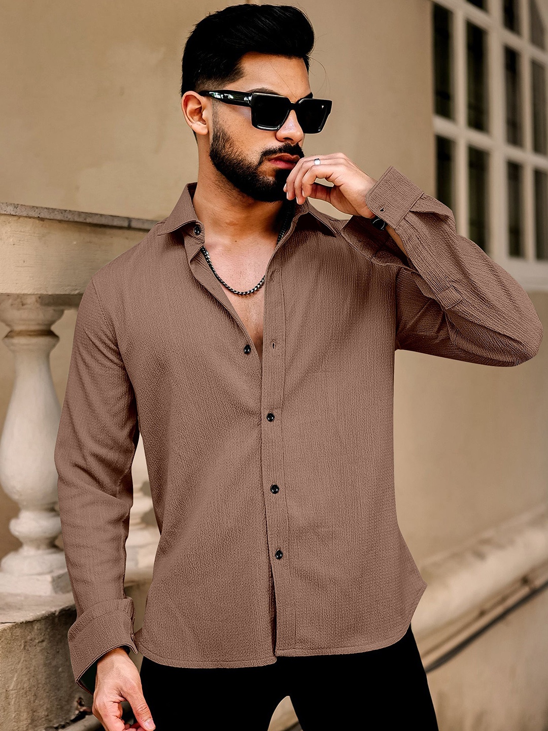 

KHUSHI CREATION Self Design Slim Fit Popcorn Texture Casual Shirt, Tan