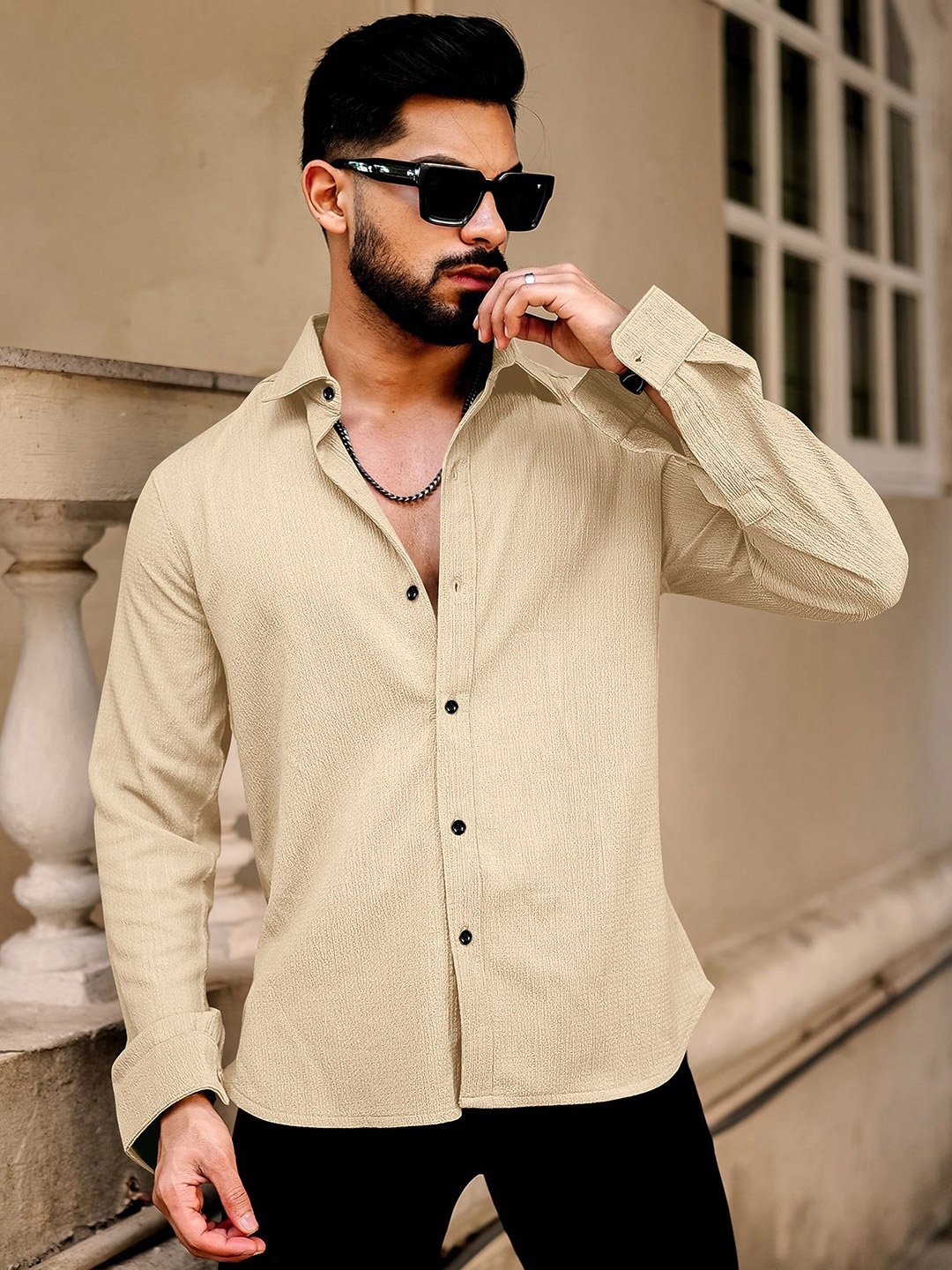 

KHUSHI CREATION Self Design Slim Fit Popcorn Texture Casual Shirt, Beige