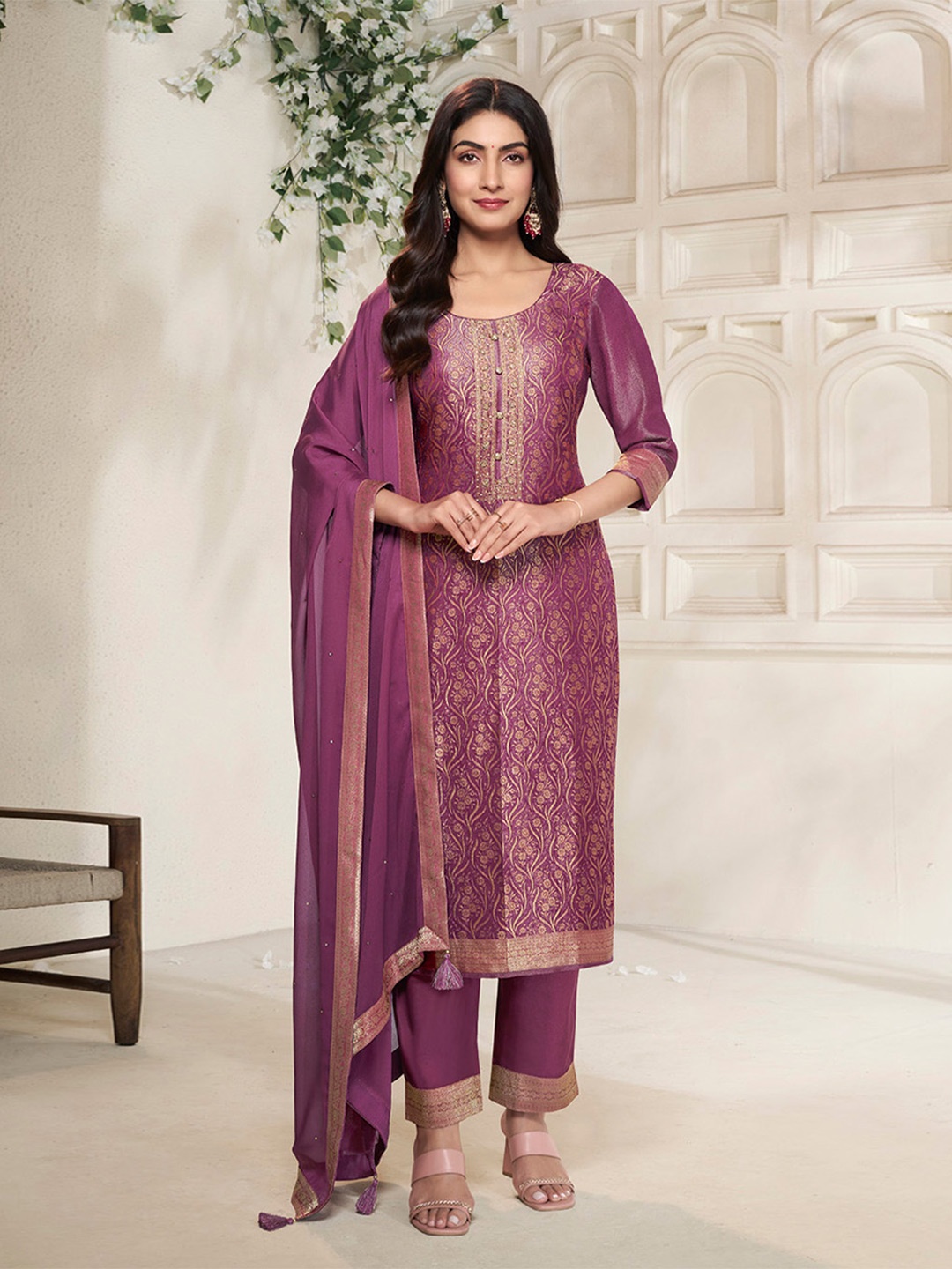 

Seerat Ethnic Motifs Printed Jacquard Pure Silk Straight Kurta With Trouser & Dupatta, Purple