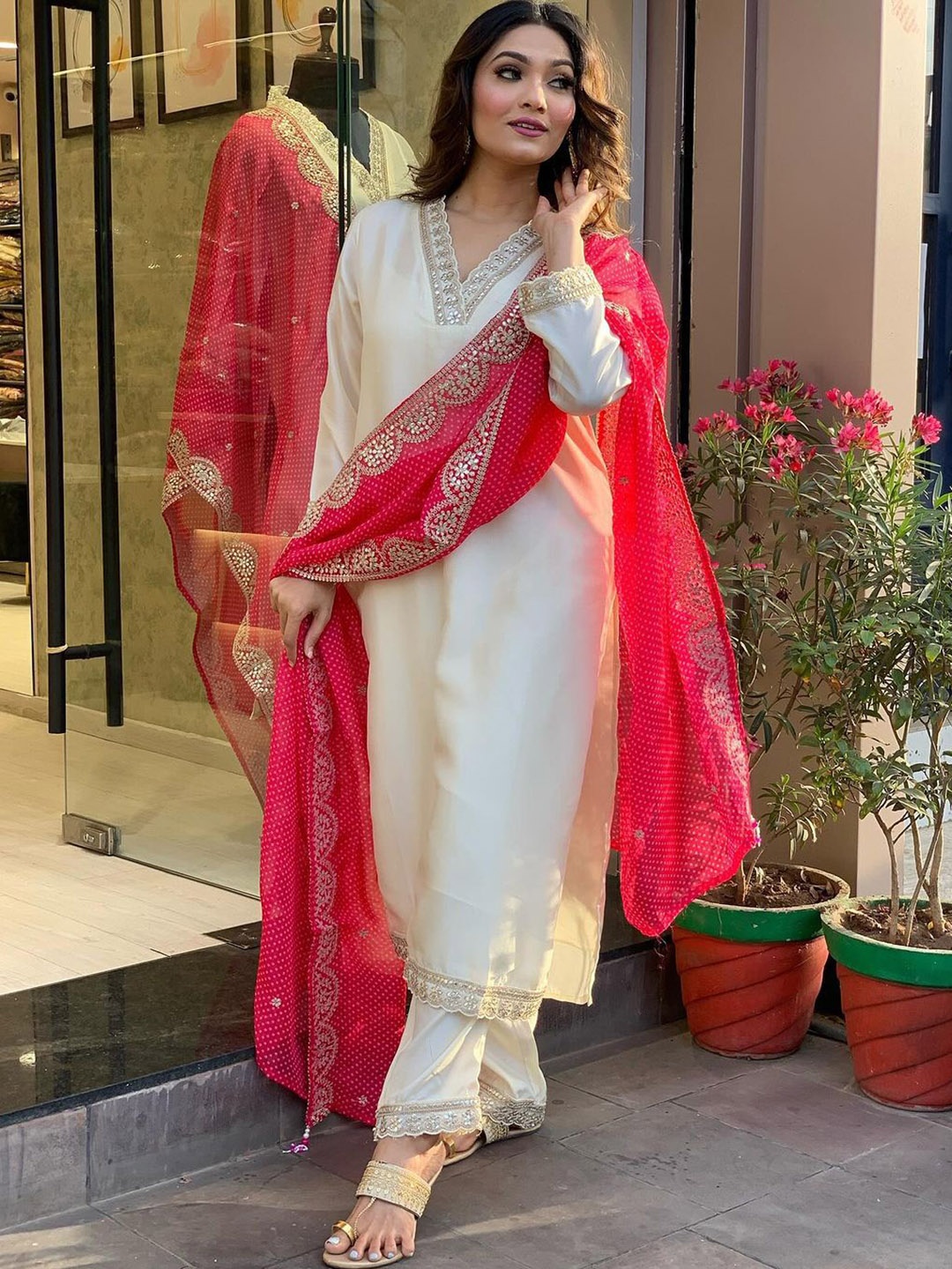 

KALINI Floral Yoke Design Thread Work Chanderi Cotton Kurta With Trousers & Dupatta, Off white