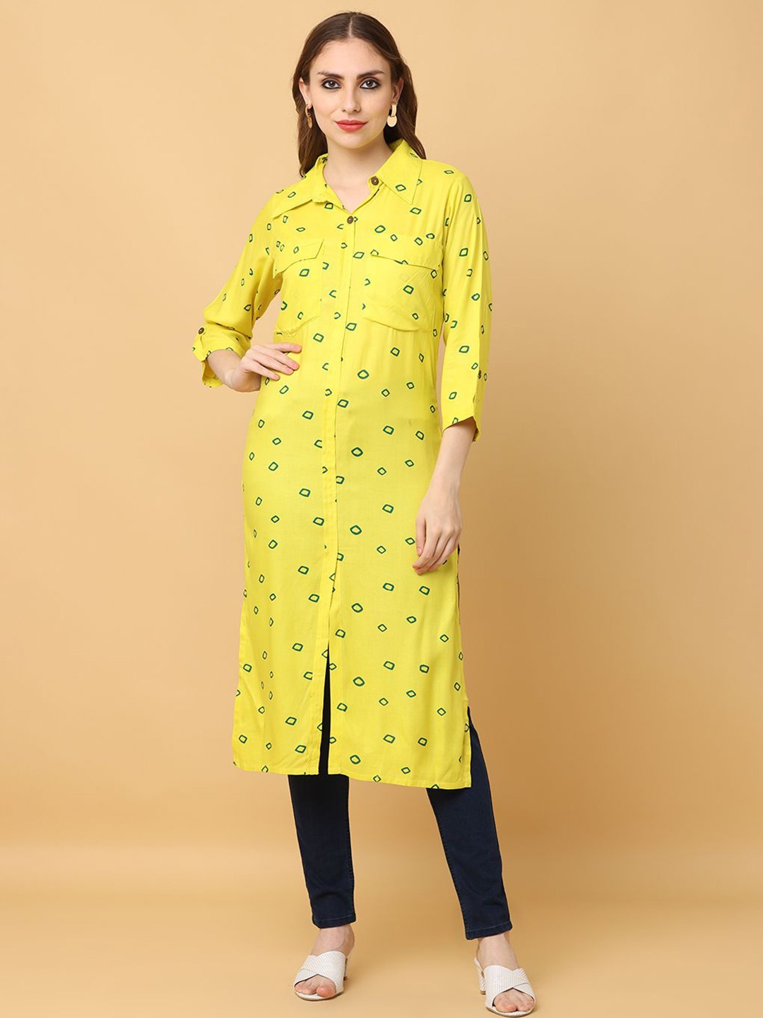 

AAYUMI Women Floral Printed Shirt Collar Pure Cotton Straight Kurta, Yellow