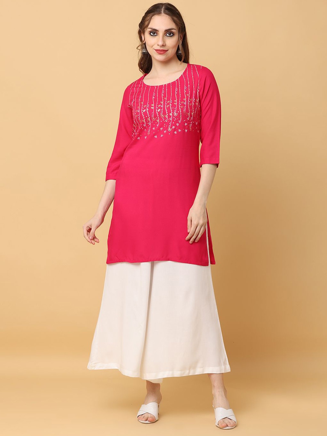 

AAYUMI Women Yoke Printed Pure Cotton Straight Kurta, Pink