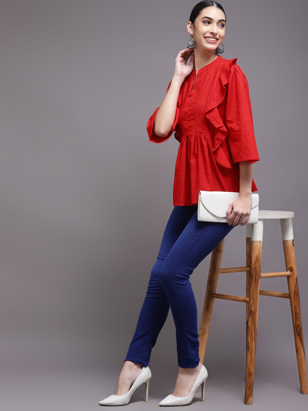 

AAYUMI Women Mandarin Collar Pure Cotton Regular Tops, Red